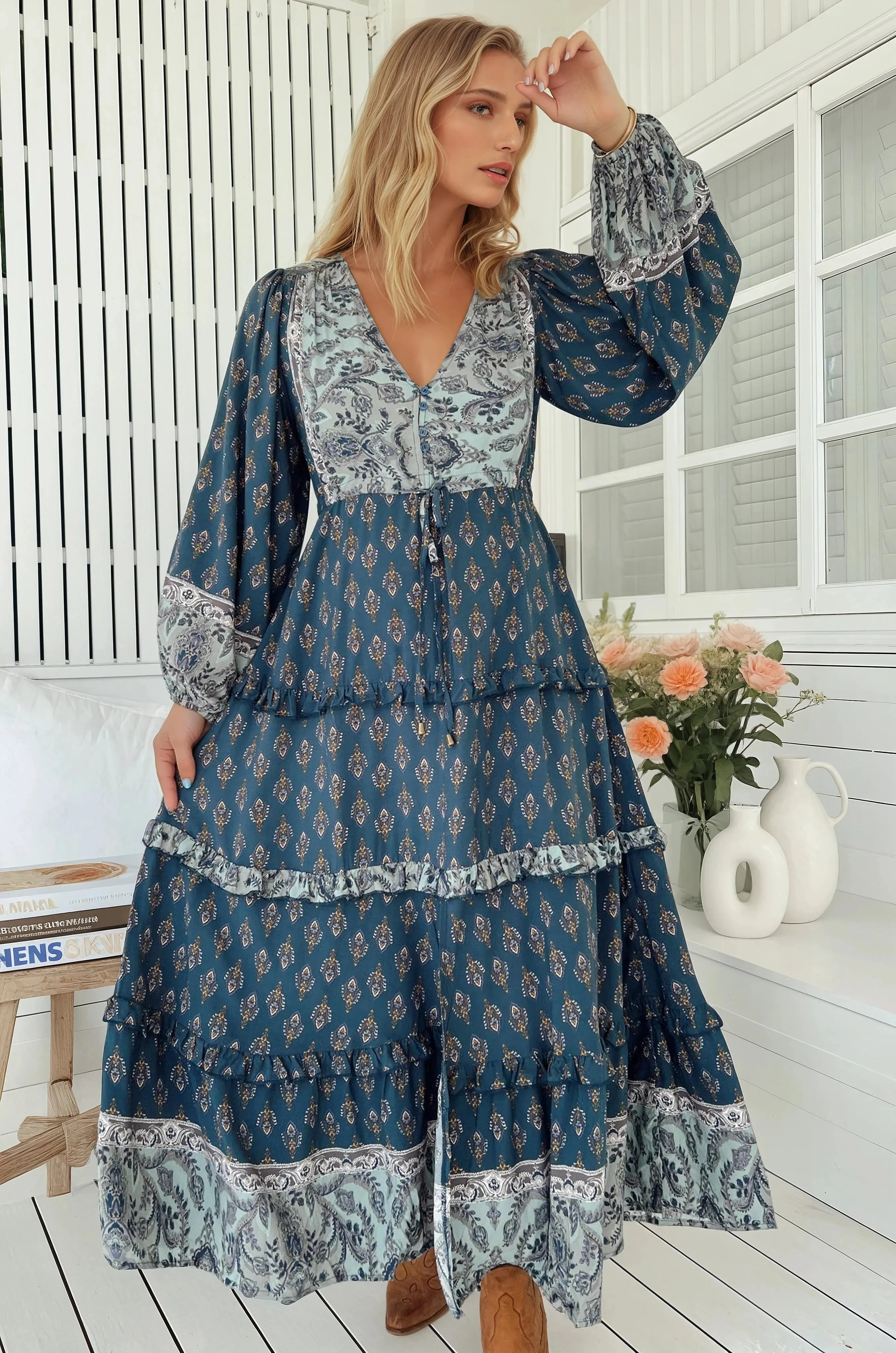 Luciana Maxi Dress - Pull Tie Waist Tiered Dress with Frill Splicing in Nico Print sold by Salty Crush product image thumbnail 4