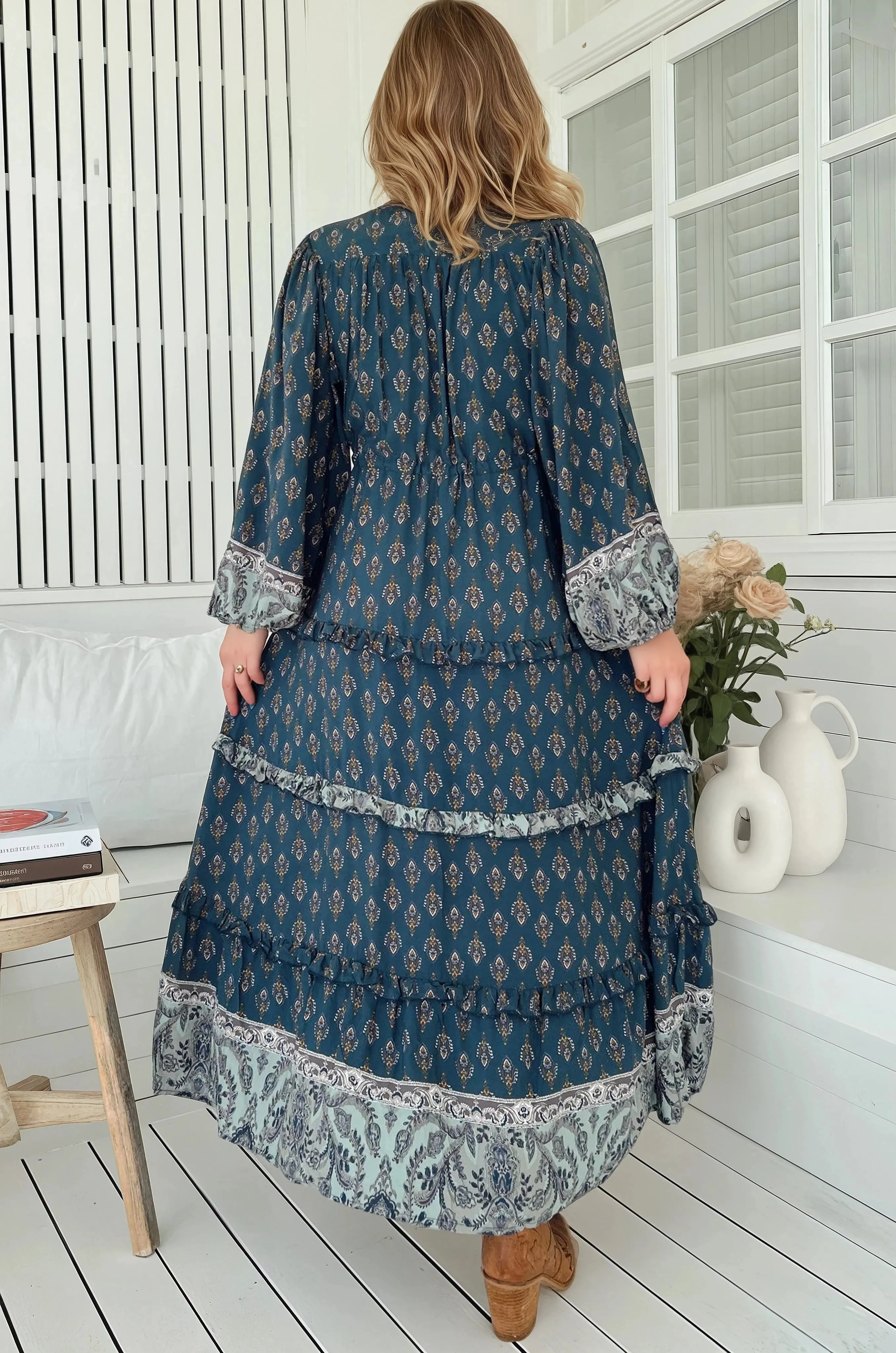 Luciana Maxi Dress - Pull Tie Waist Tiered Dress with Frill Splicing in Nico Print sold by Salty Crush product image thumbnail 2