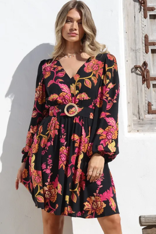 Lyna Mini Dress - A Line Dress with Statement Rattan Buckle Belt in Valerie Print sold by Salty Crush