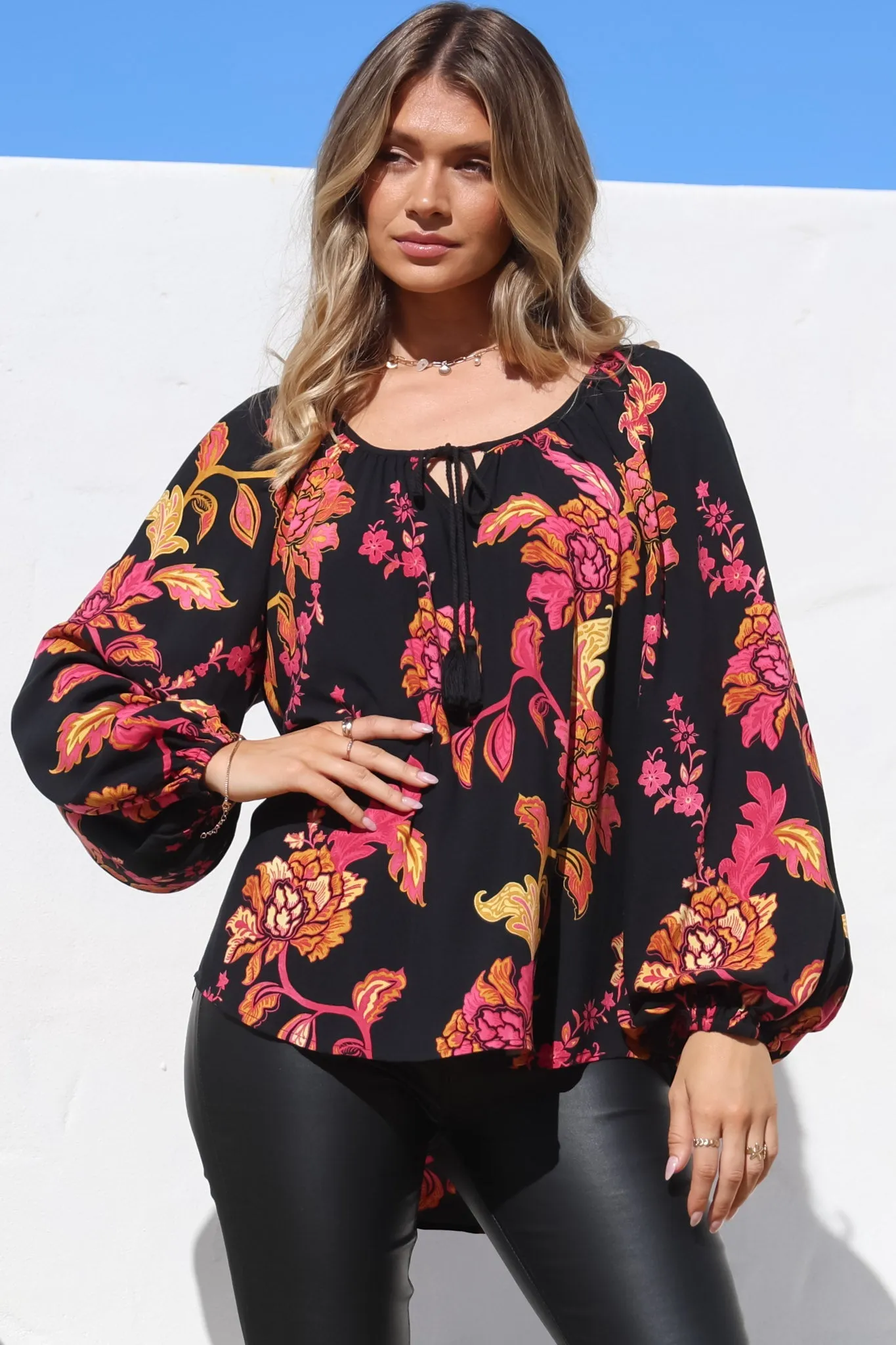 Cora Blouse - Round Neckline with Neck Tie Pull-Over Top in Valerie Print sold by Salty Crush product image thumbnail 2