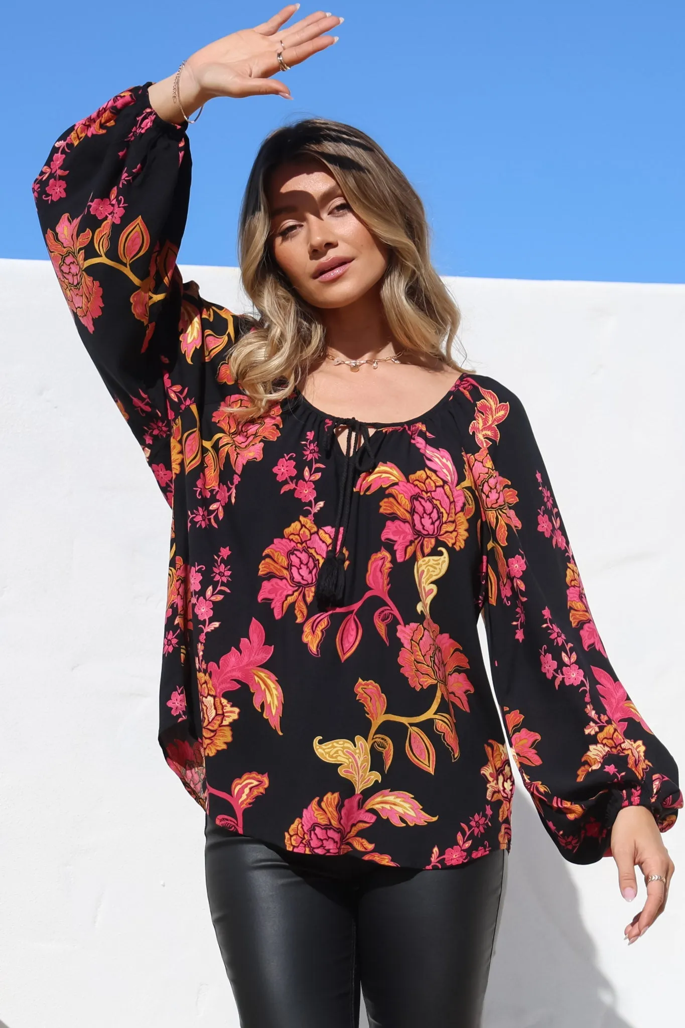 Cora Blouse - Round Neckline with Neck Tie Pull-Over Top in Valerie Print sold by Salty Crush product image thumbnail 3