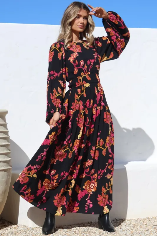 Sheyne Maxi Dress - Long Balloon Sleeve Elasticated Waist A Line Dress in Valerie Print sold by Salty Crush
