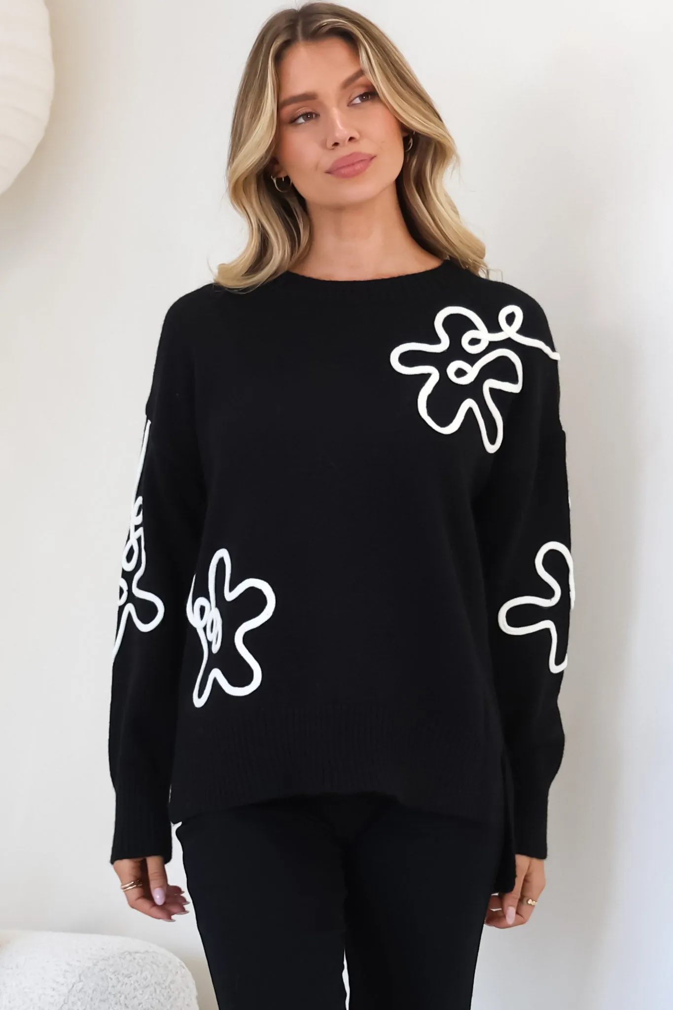 Edith Jumper - Crew Neck Abstract Floral Decal Jumper in Black sold by Salty Crush product image thumbnail 4