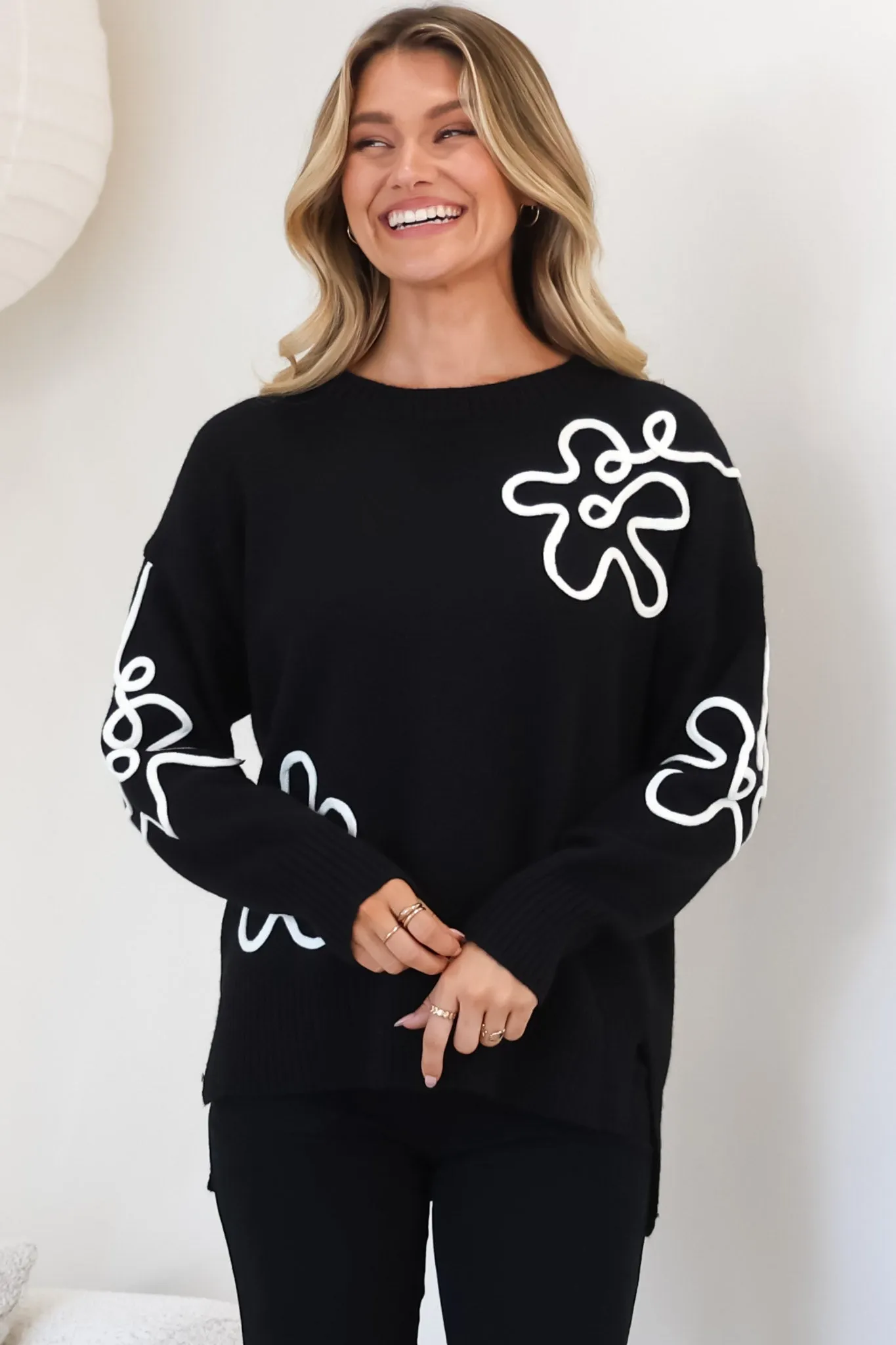 Edith Jumper - Crew Neck Abstract Floral Decal Jumper in Black sold by Salty Crush product image thumbnail 2