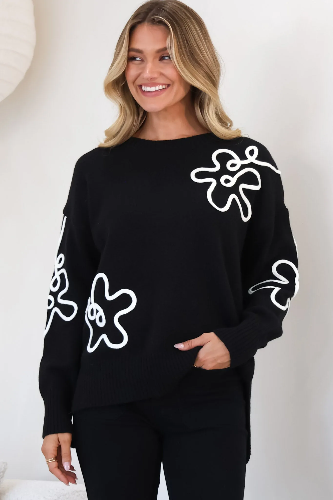 Edith Jumper - Crew Neck Abstract Floral Decal Jumper in Black sold by Salty Crush product image thumbnail 5