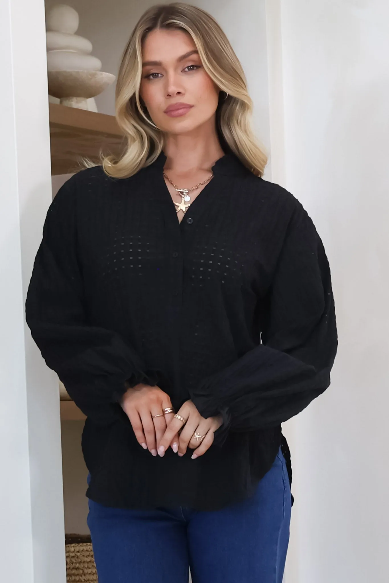 Morgan Blouse - Frill Collar Button Down Textured Blouse with Balloon Sleeves in Black sold by Salty Crush product image thumbnail 5