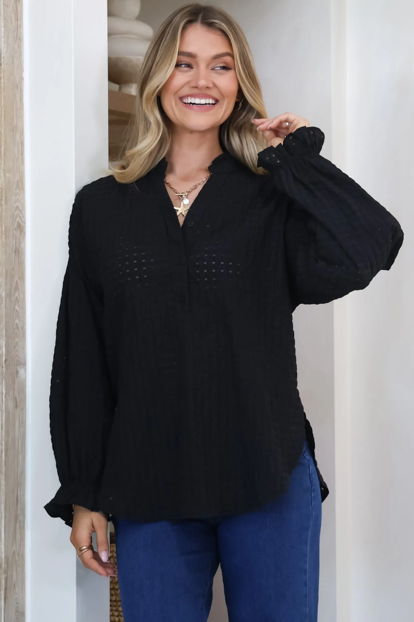 Morgan Blouse - Frill Collar Button Down Textured Blouse with Balloon Sleeves in Black sold by Salty Crush product image thumbnail 2