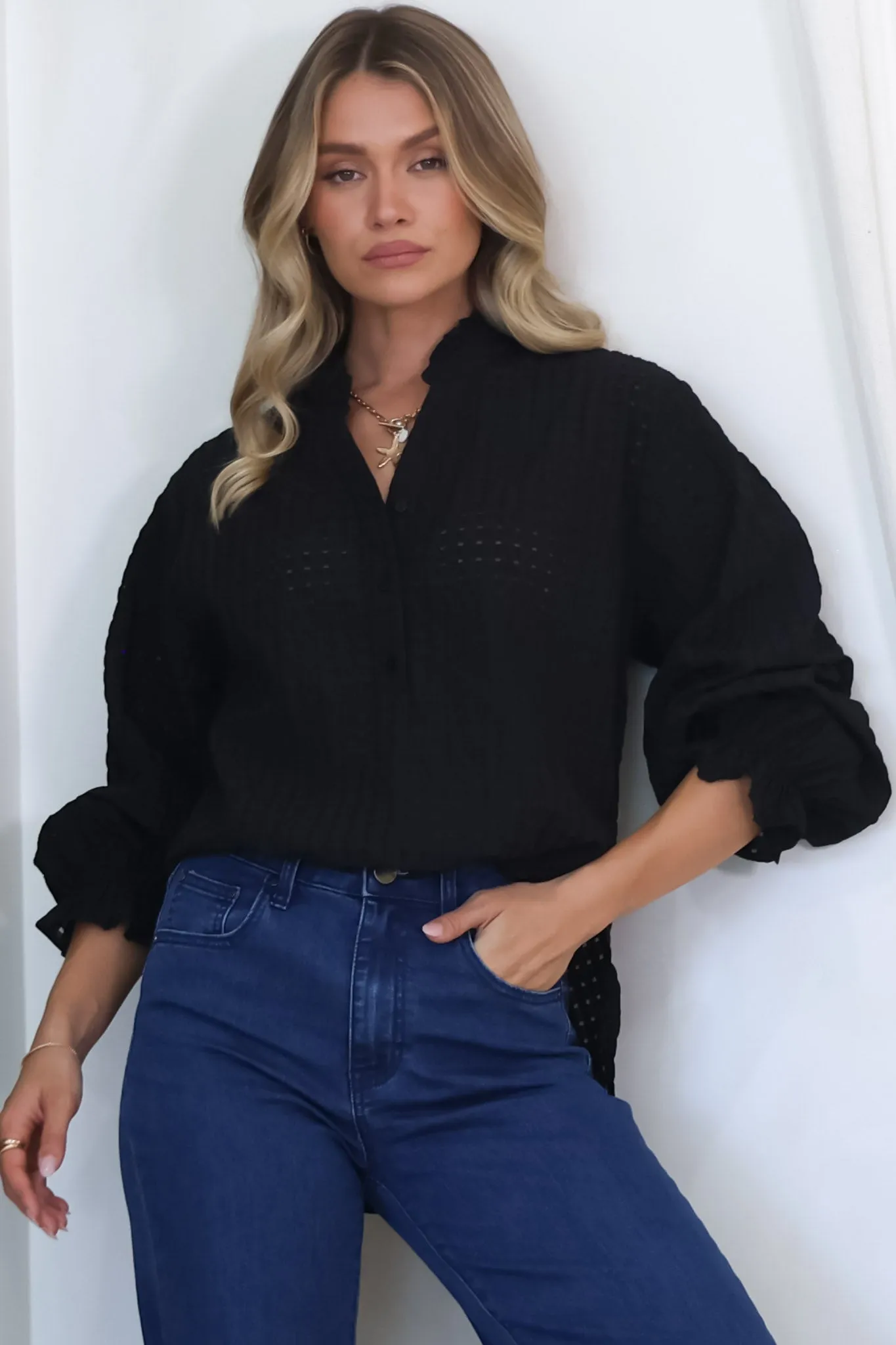Morgan Blouse - Frill Collar Button Down Textured Blouse with Balloon Sleeves in Black sold by Salty Crush