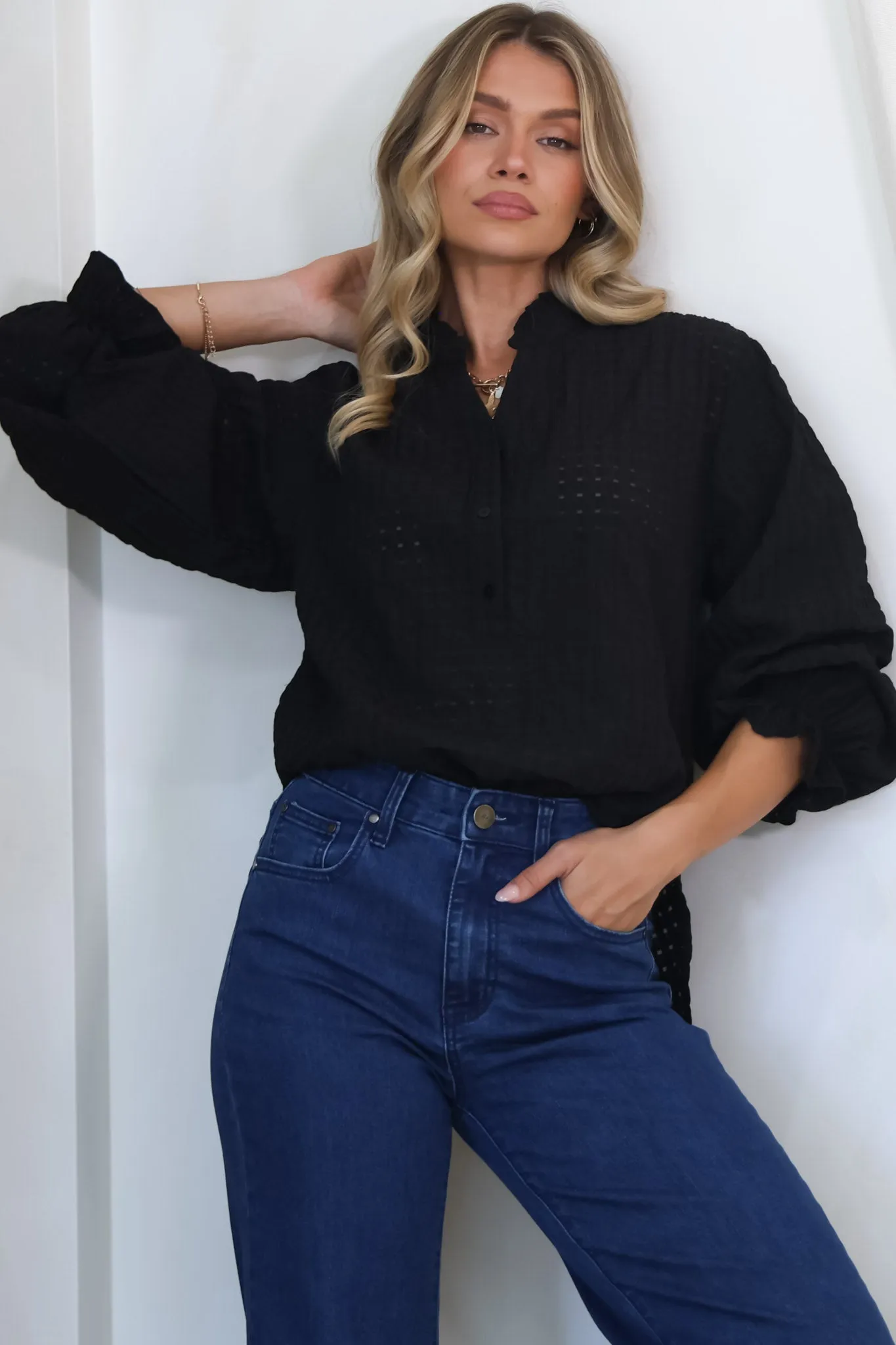 Morgan Blouse - Frill Collar Button Down Textured Blouse with Balloon Sleeves in Black sold by Salty Crush product image thumbnail 4