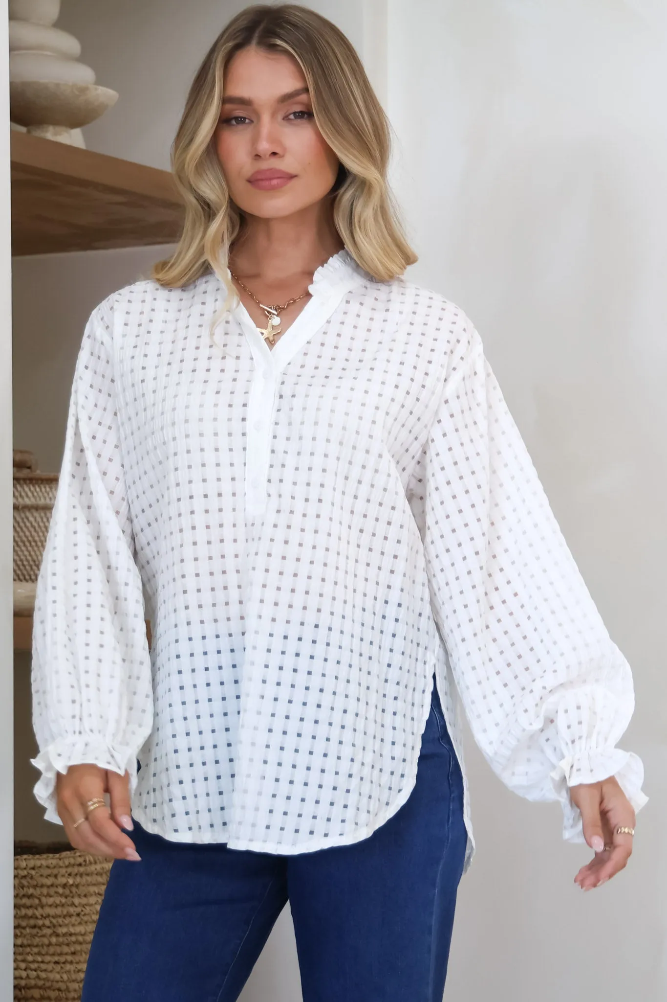 Morgan Blouse - Frill Collar Button Down Textured Blouse with Balloon Sleeves in White sold by Salty Crush product image thumbnail 3