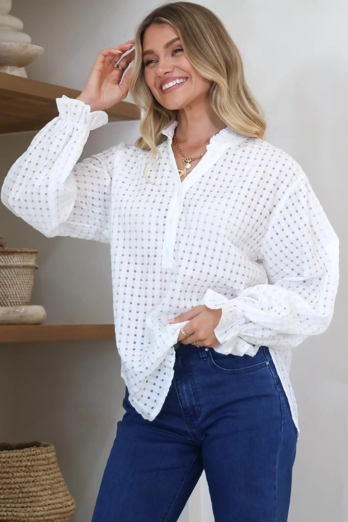 Morgan Blouse - Frill Collar Button Down Textured Blouse with Balloon Sleeves in White sold by Salty Crush product image thumbnail 5