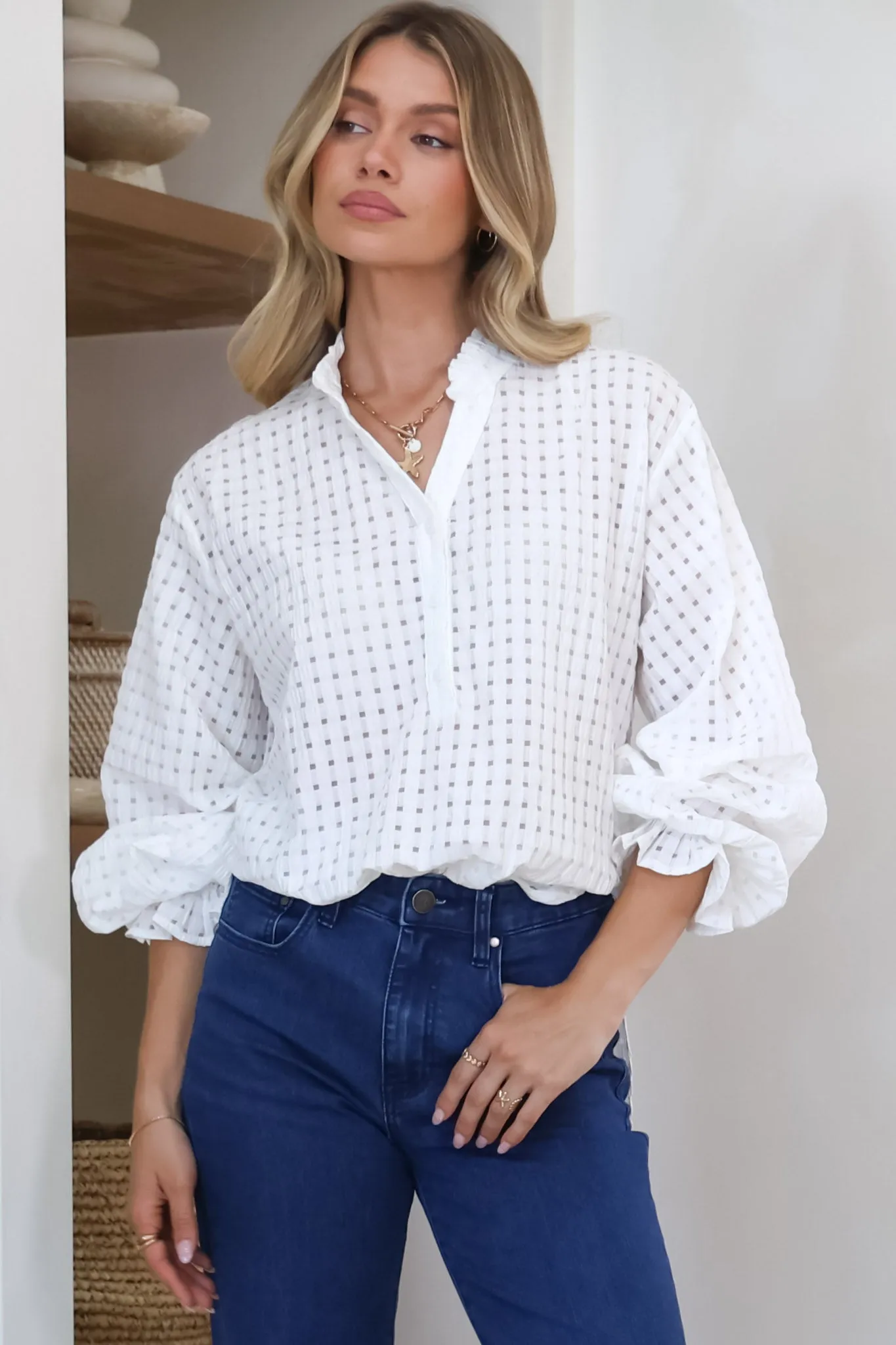 Morgan Blouse - Frill Collar Button Down Textured Blouse with Balloon Sleeves in White sold by Salty Crush product image thumbnail 2