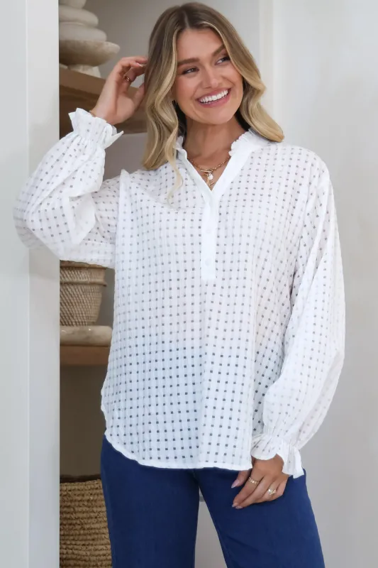 Morgan Blouse - Frill Collar Button Down Textured Blouse with Balloon Sleeves in White sold by Salty Crush