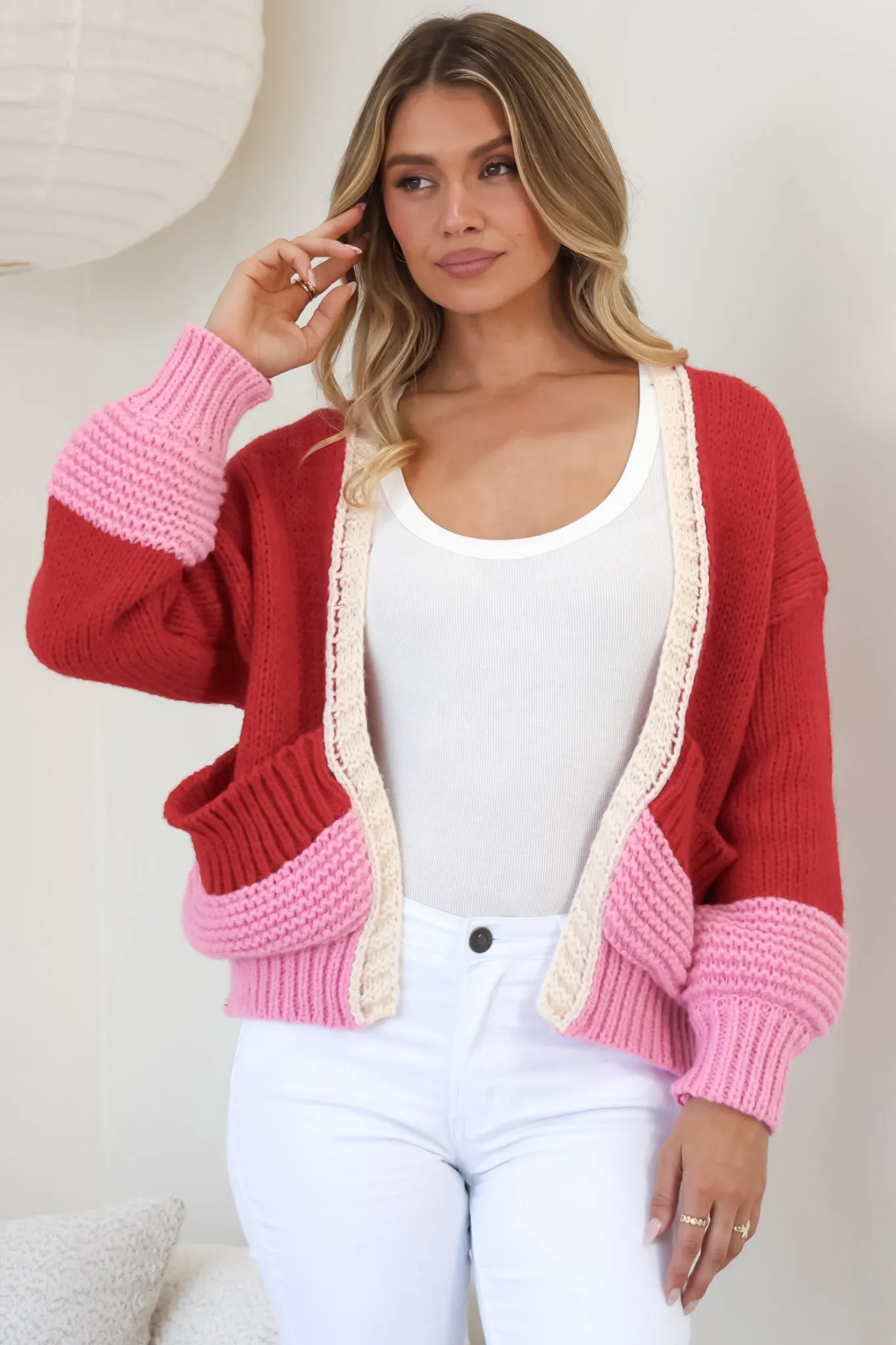 Rosie Cardigan - Cropped Color Block Cardigan in Red sold by Salty Crush product image thumbnail 5