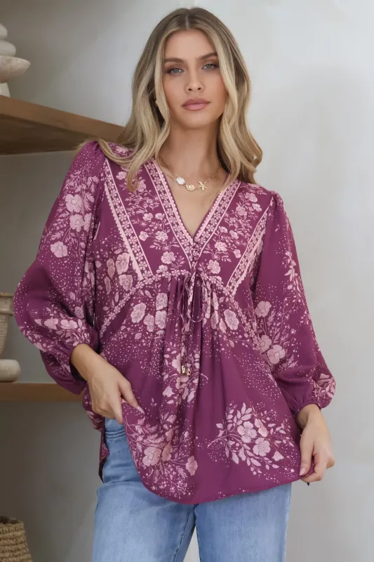 Joelle Top - V Neck High-Low Top in Briella Print in Berry sold by Salty Crush