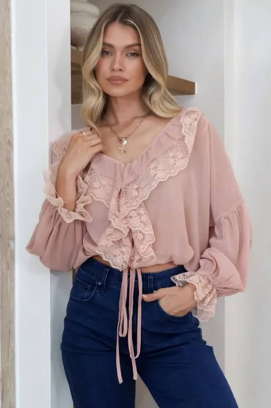Mallin Blouse - Cascading Ruffles and Lace Crop with Balloon Sleeves in Pink sold by Salty Crush