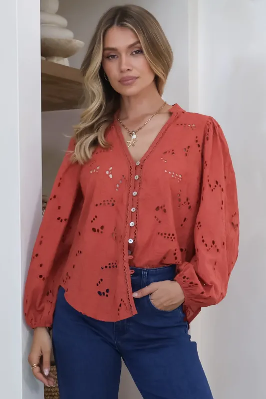 Marise Blouse - Hollow Out Embroidered Button Down Blouse in Rust sold by Salty Crush