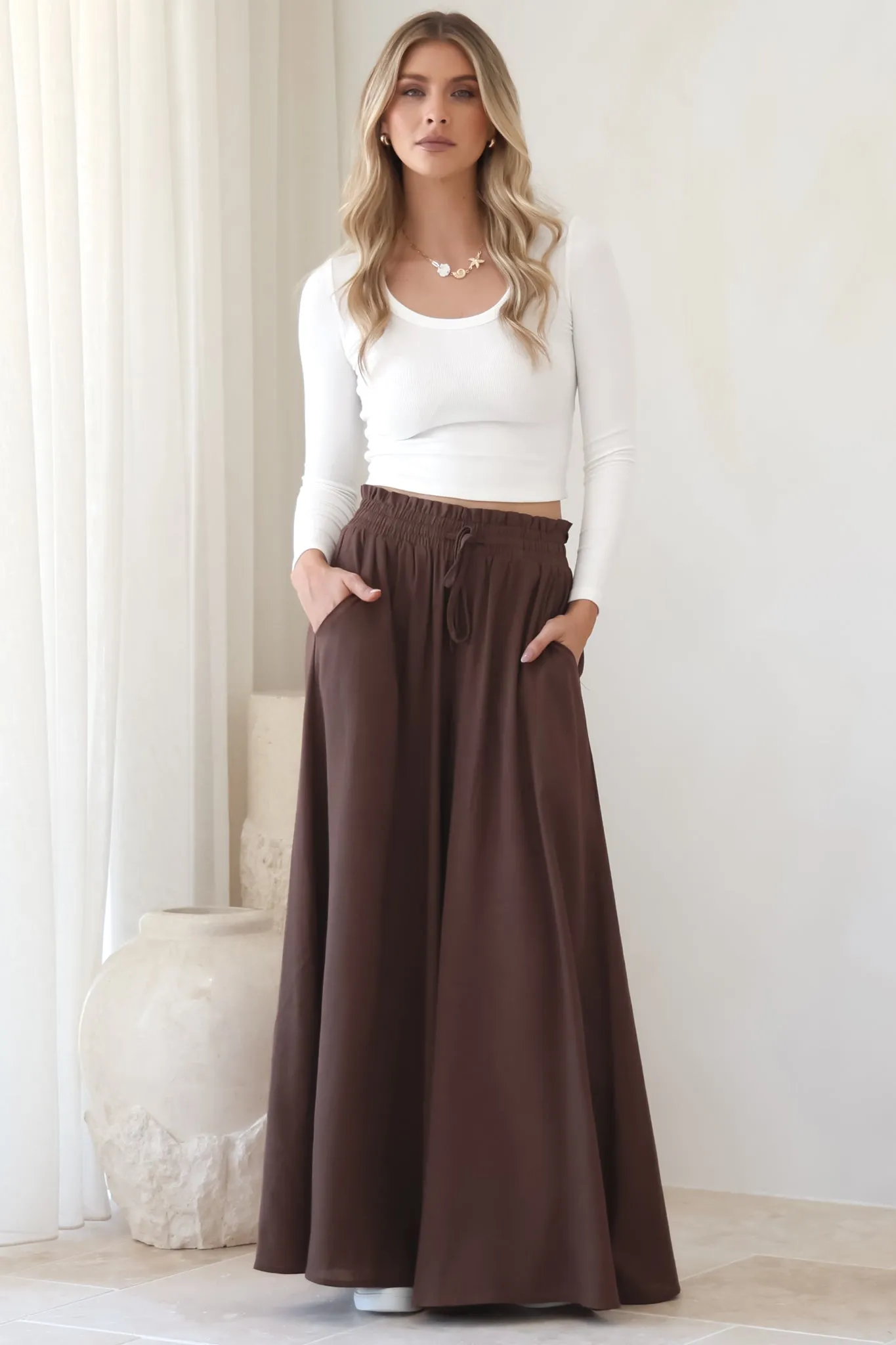 Charli Pants - Paper Bag High Waisted Wide Leg Pants in Brown sold by Salty Crush