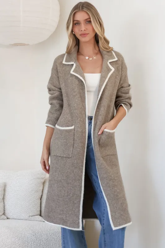 Boston Cardigan - Collared Contrast Hem Cardigan with Pockets in Taupe sold by Salty Crush