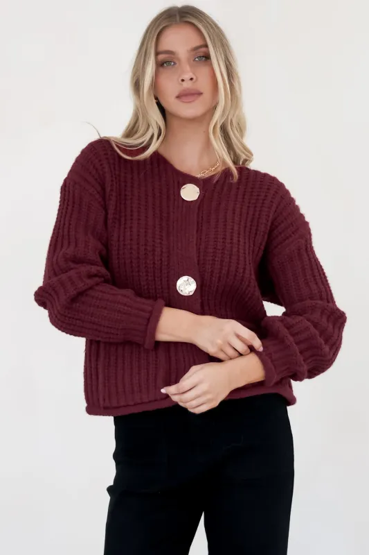 Clara Cardigan - Cable Knit Chunky Gold Buttoned Cardigan in Wine sold by Salty Crush