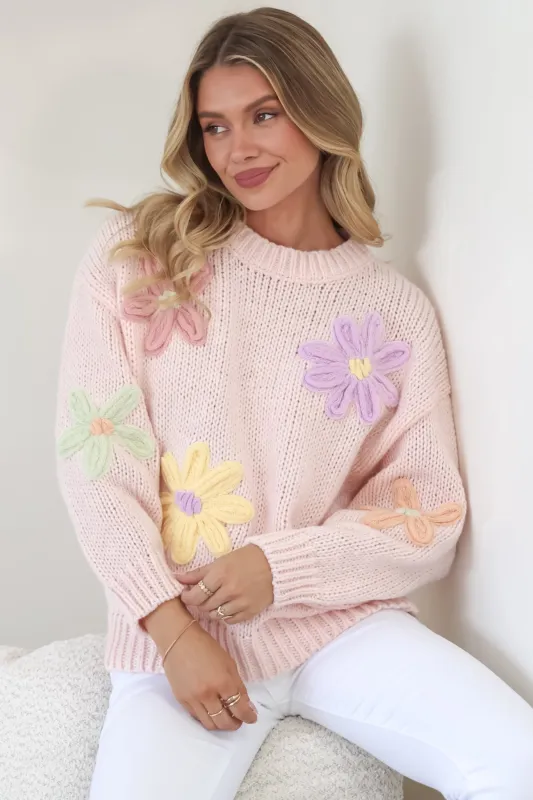 Wildflower Jumper - Chunky Knit Jumper with Flower Decals in Pink made by Salty Crush