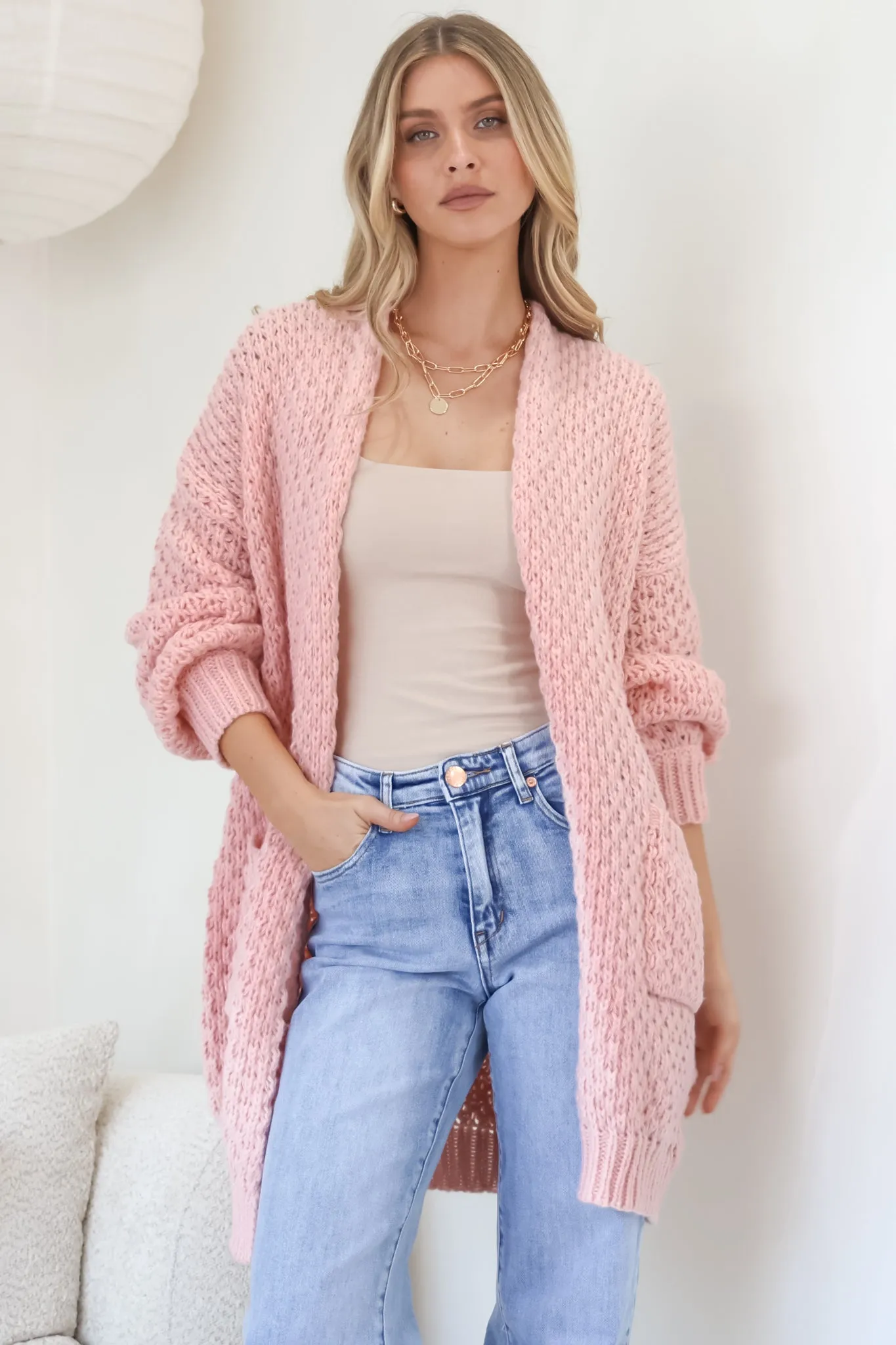 Ricki Cardigan - Open Front Chunky Knit Cardigan in Blush sold by Salty Crush