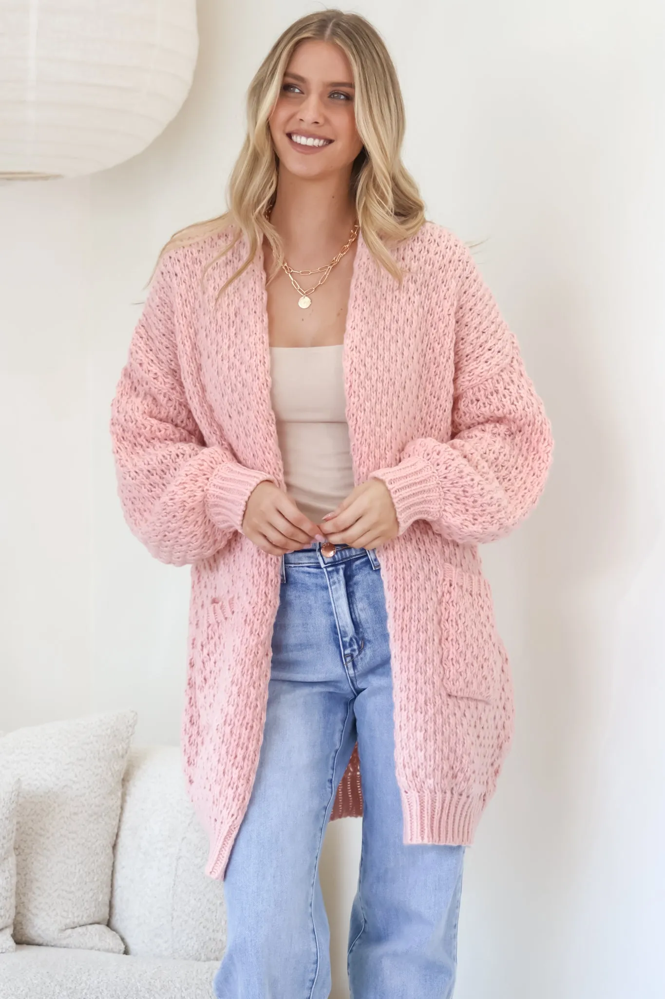 Ricki Cardigan - Open Front Chunky Knit Cardigan in Blush sold by Salty Crush product image thumbnail 3