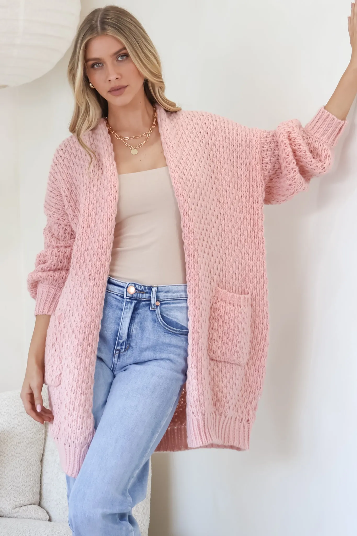 Ricki Cardigan - Open Front Chunky Knit Cardigan in Blush sold by Salty Crush product image thumbnail 4
