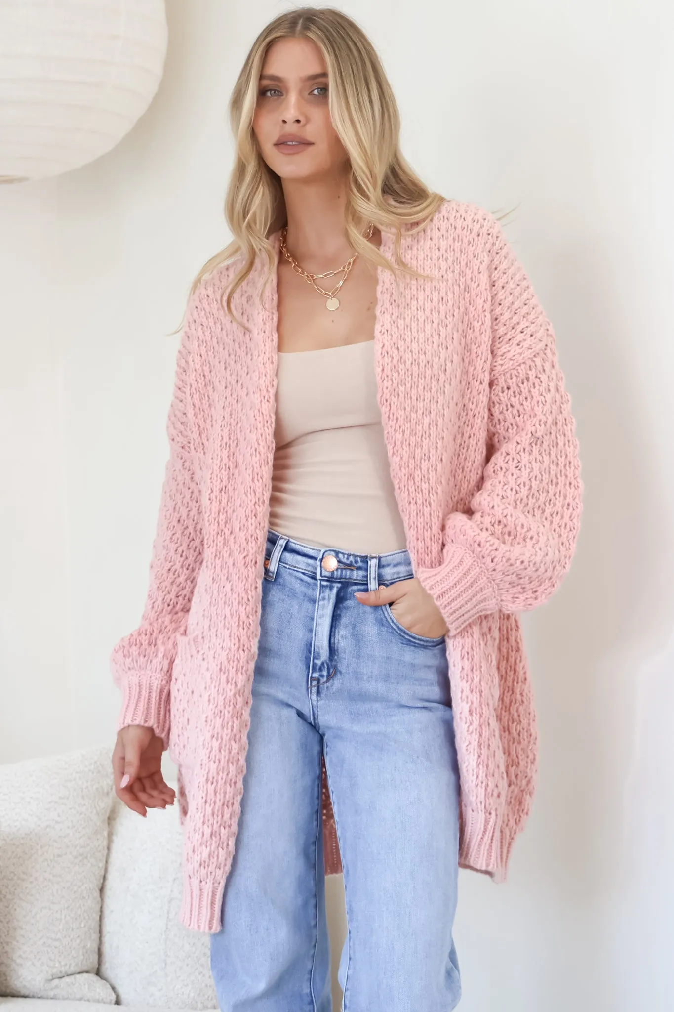 Ricki Cardigan - Open Front Chunky Knit Cardigan in Blush sold by Salty Crush product image thumbnail 5