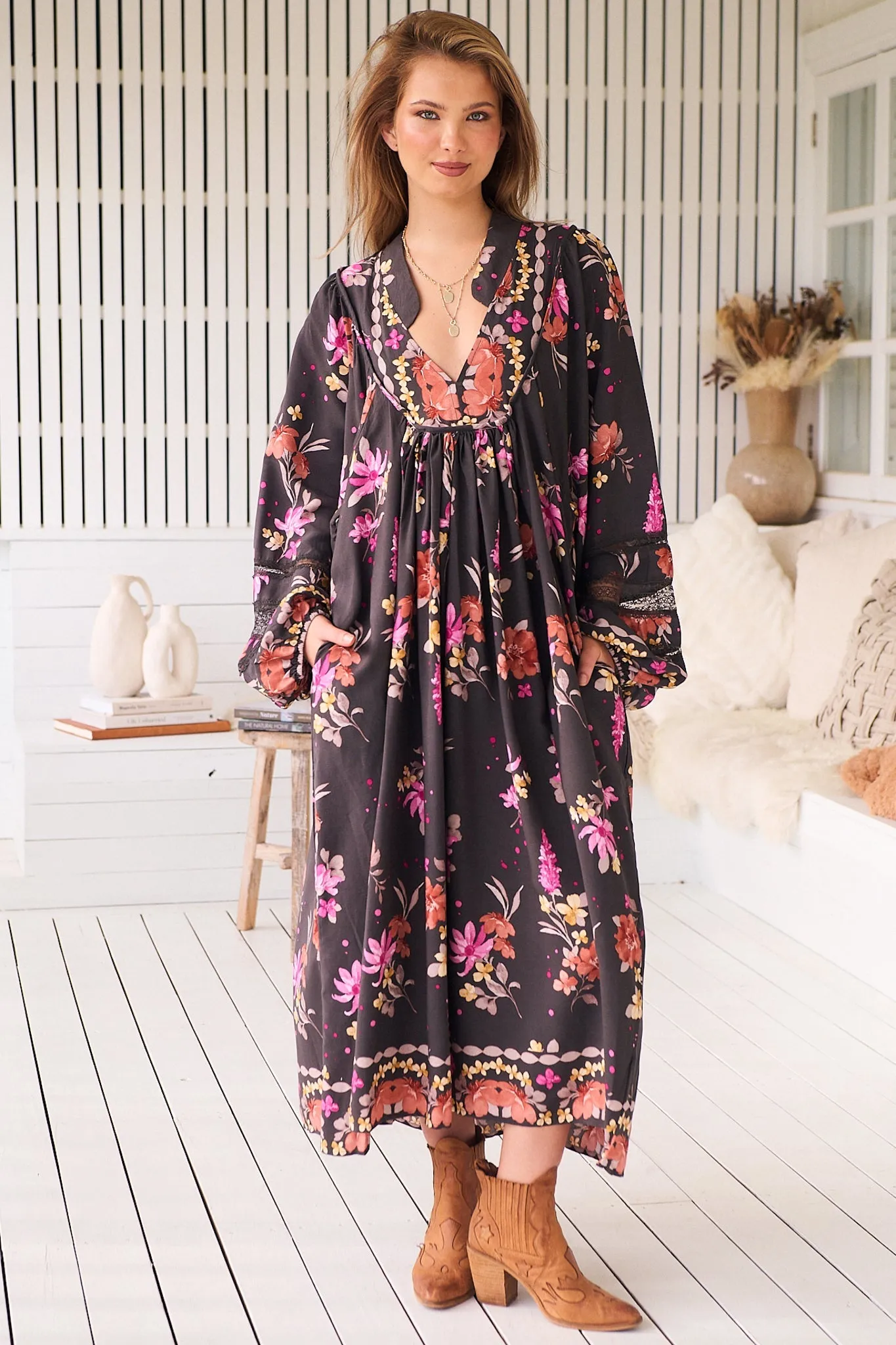 Boheme Midi Dress - Long Sleeve Piping Defined Bust Slimline Smock Dress in Monarch Bloom Print sold by Salty Crush