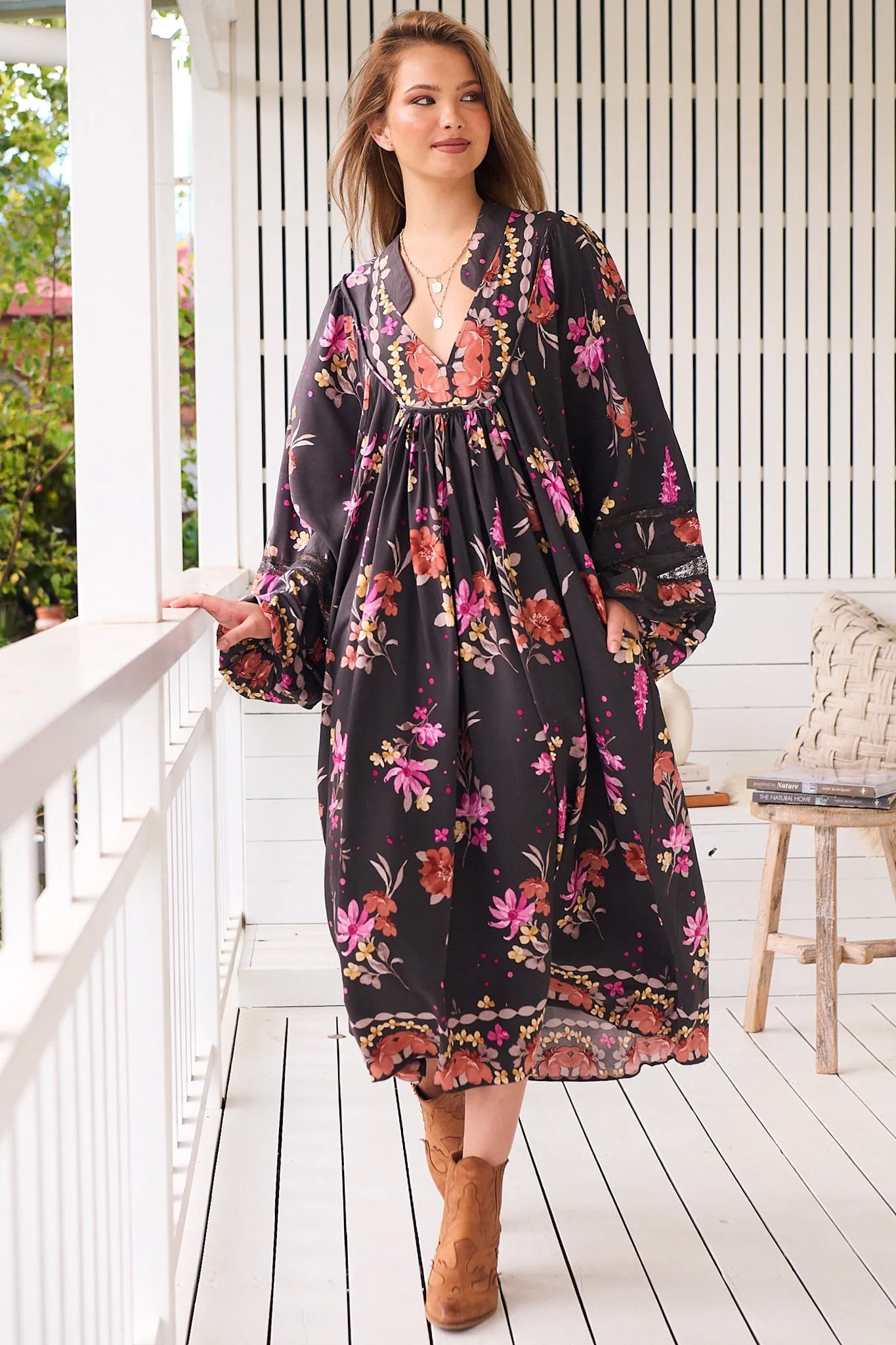 Boheme Midi Dress - Long Sleeve Piping Defined Bust Slimline Smock Dress in Monarch Bloom Print sold by Salty Crush product image thumbnail 5