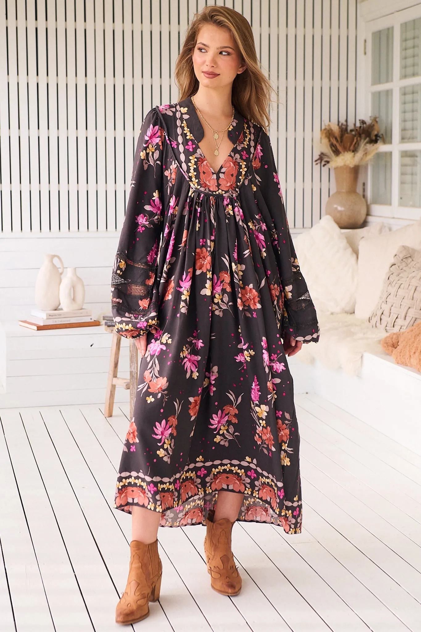 Boheme Midi Dress - Long Sleeve Piping Defined Bust Slimline Smock Dress in Monarch Bloom Print sold by Salty Crush product image thumbnail 2