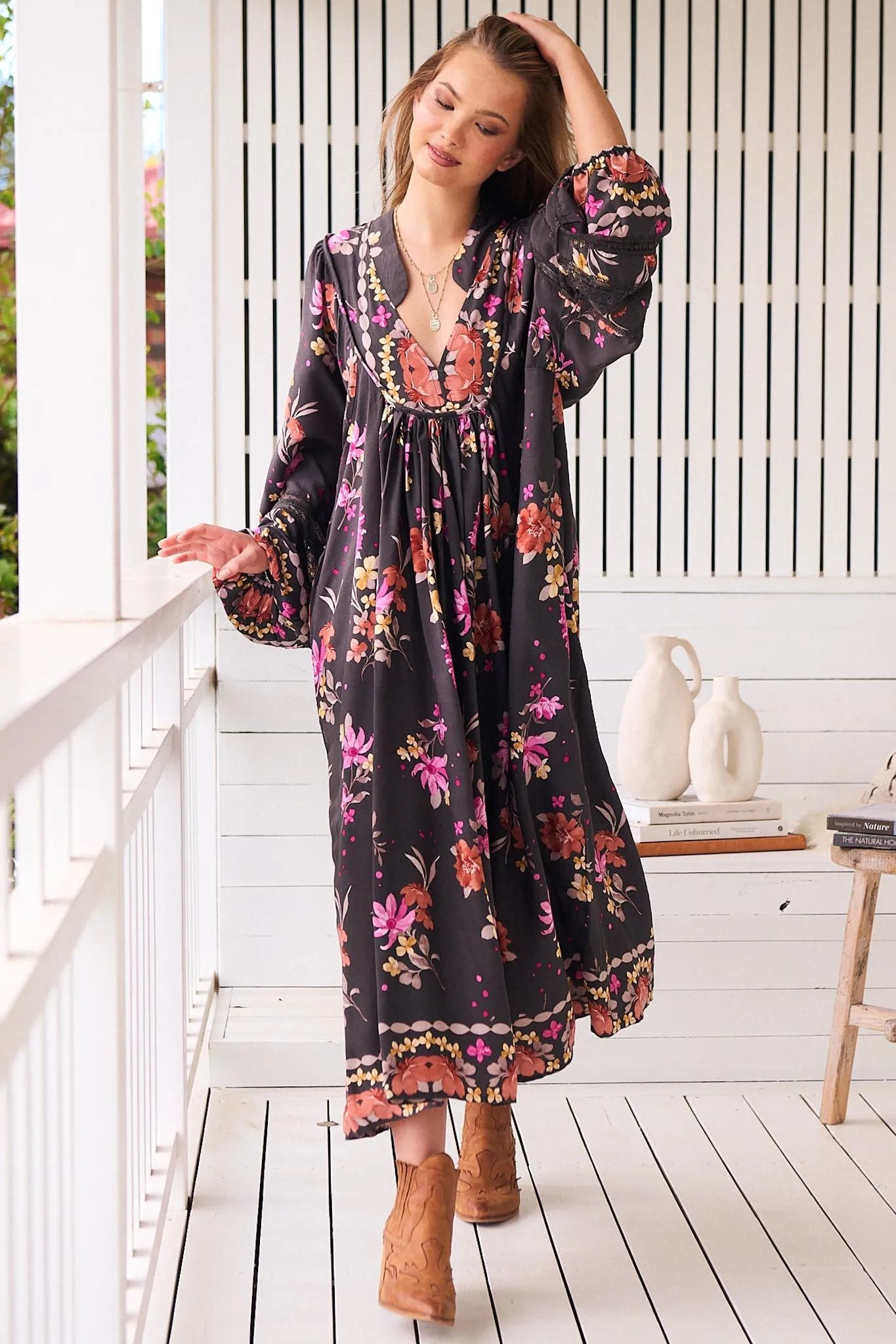 Boheme Midi Dress - Long Sleeve Piping Defined Bust Slimline Smock Dress in Monarch Bloom Print sold by Salty Crush product image thumbnail 4