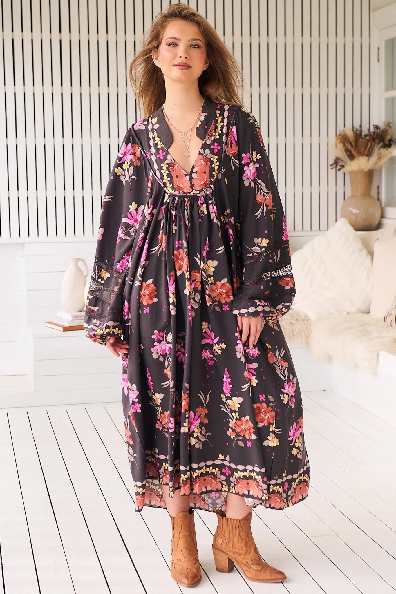 Boheme Midi Dress - Long Sleeve Piping Defined Bust Slimline Smock Dress in Monarch Bloom Print sold by Salty Crush product image thumbnail 3