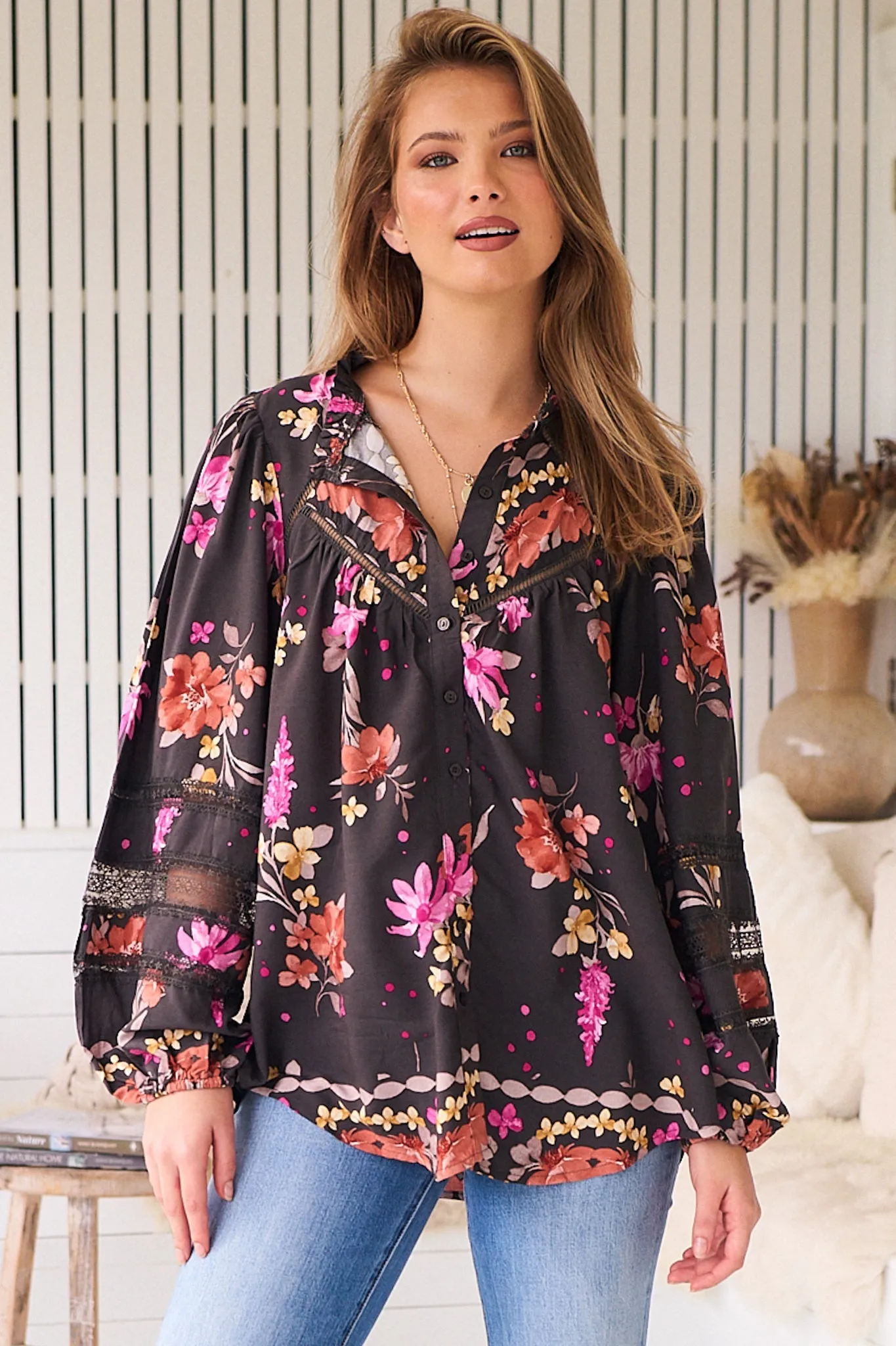 Eliza Blouse - Frill Collar Button Down Lace Detailed Blouse in Monarch Bloom Print sold by Salty Crush product image thumbnail 4