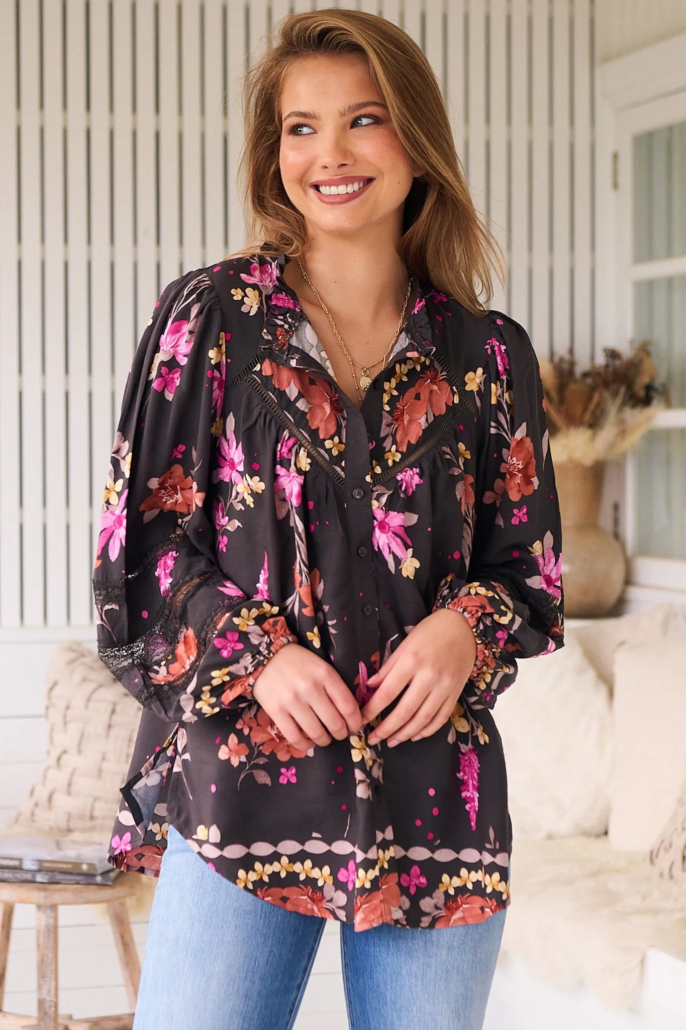 Eliza Blouse - Frill Collar Button Down Lace Detailed Blouse in Monarch Bloom Print sold by Salty Crush product image thumbnail 3