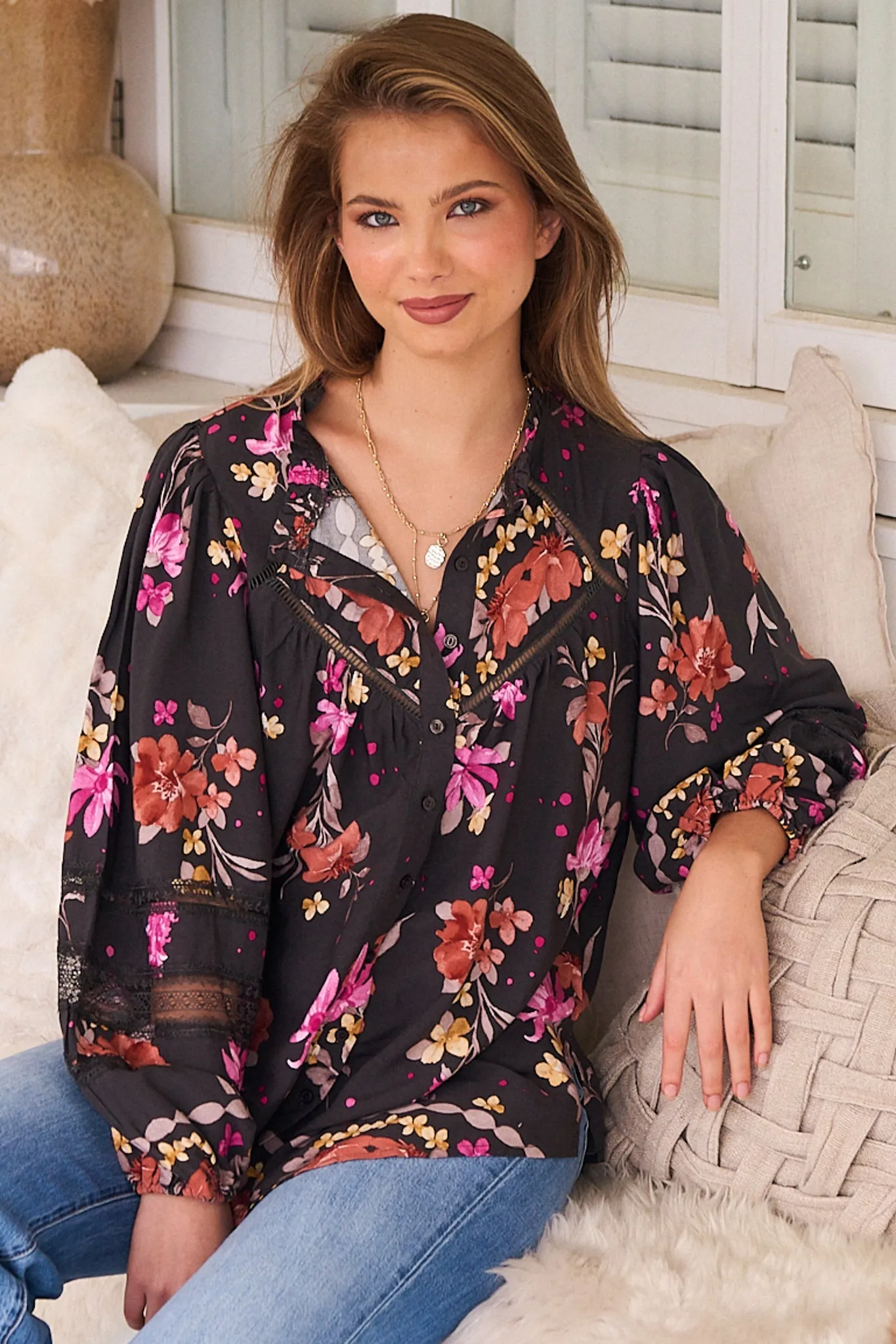 Eliza Blouse - Frill Collar Button Down Lace Detailed Blouse in Monarch Bloom Print sold by Salty Crush product image thumbnail 2