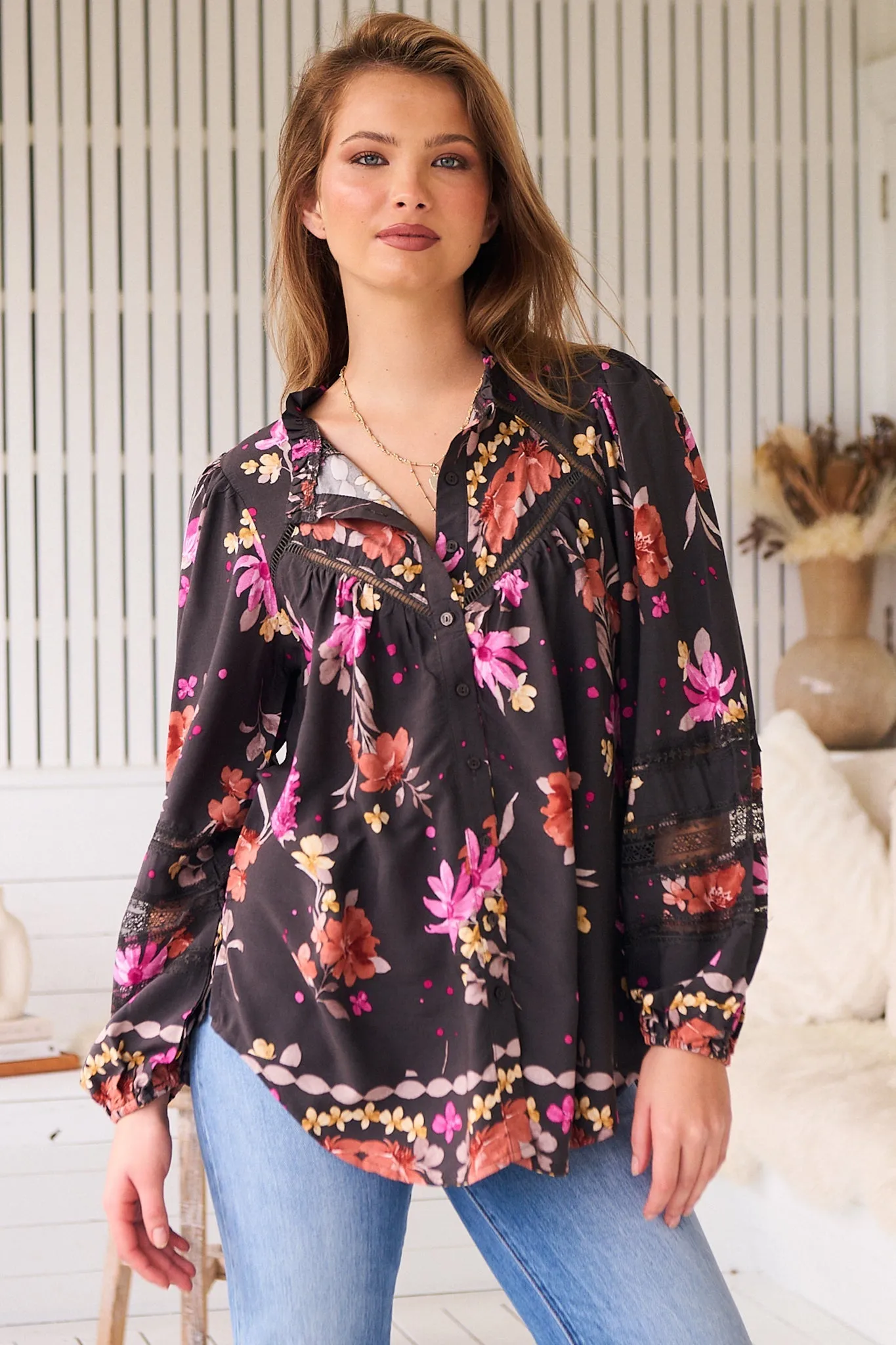 Eliza Blouse - Frill Collar Button Down Lace Detailed Blouse in Monarch Bloom Print sold by Salty Crush