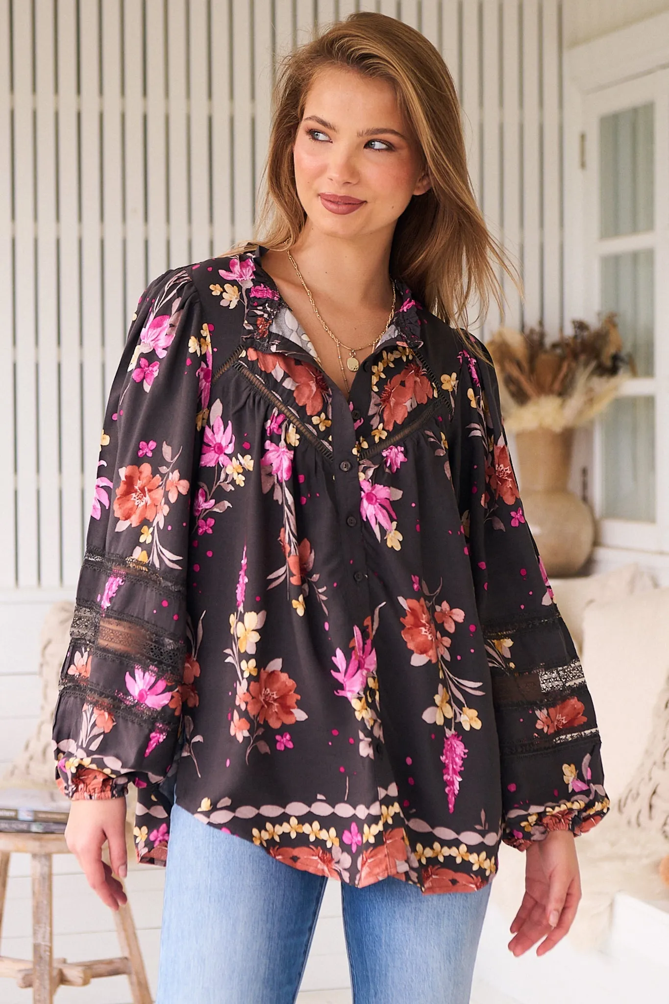 Eliza Blouse - Frill Collar Button Down Lace Detailed Blouse in Monarch Bloom Print sold by Salty Crush product image thumbnail 5