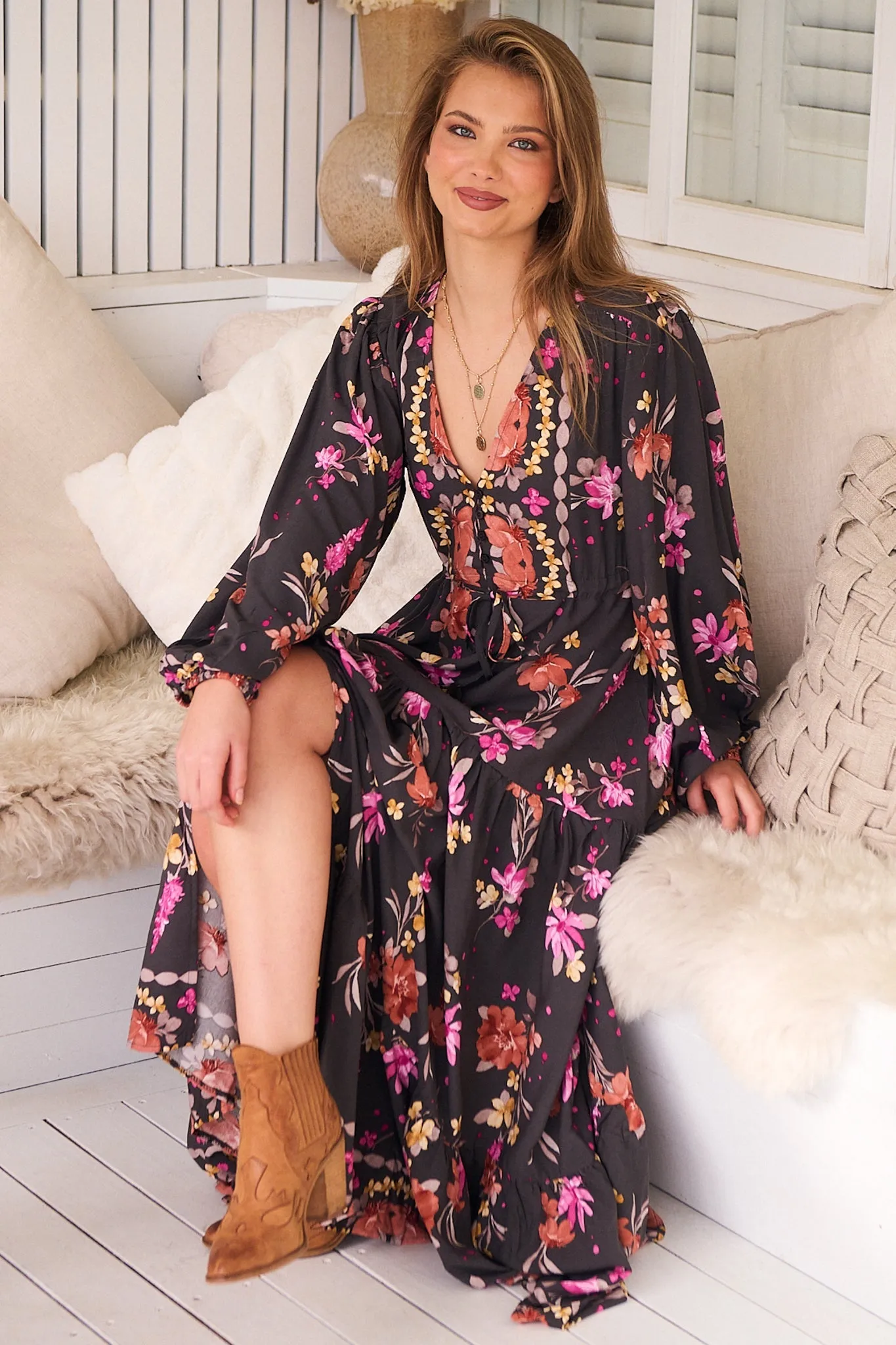 Teresa Maxi Dress - A Line Dress with Long Balloon Sleeves in Monarch Bloom Print sold by Salty Crush product image thumbnail 3