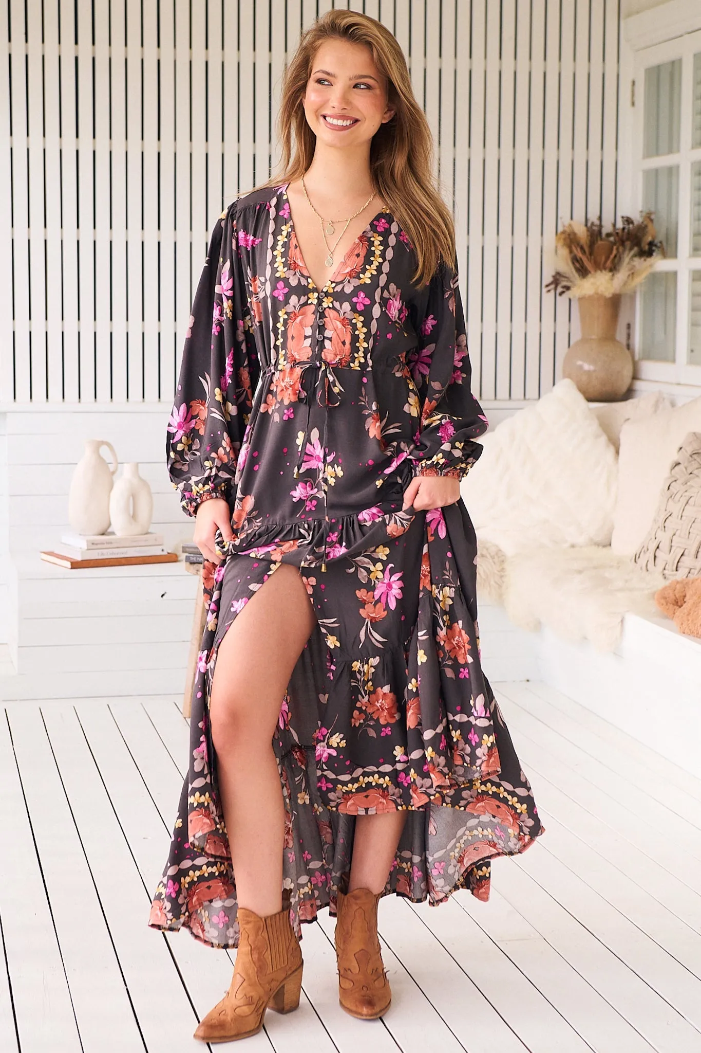 Teresa Maxi Dress - A Line Dress with Long Balloon Sleeves in Monarch Bloom Print sold by Salty Crush product image thumbnail 5