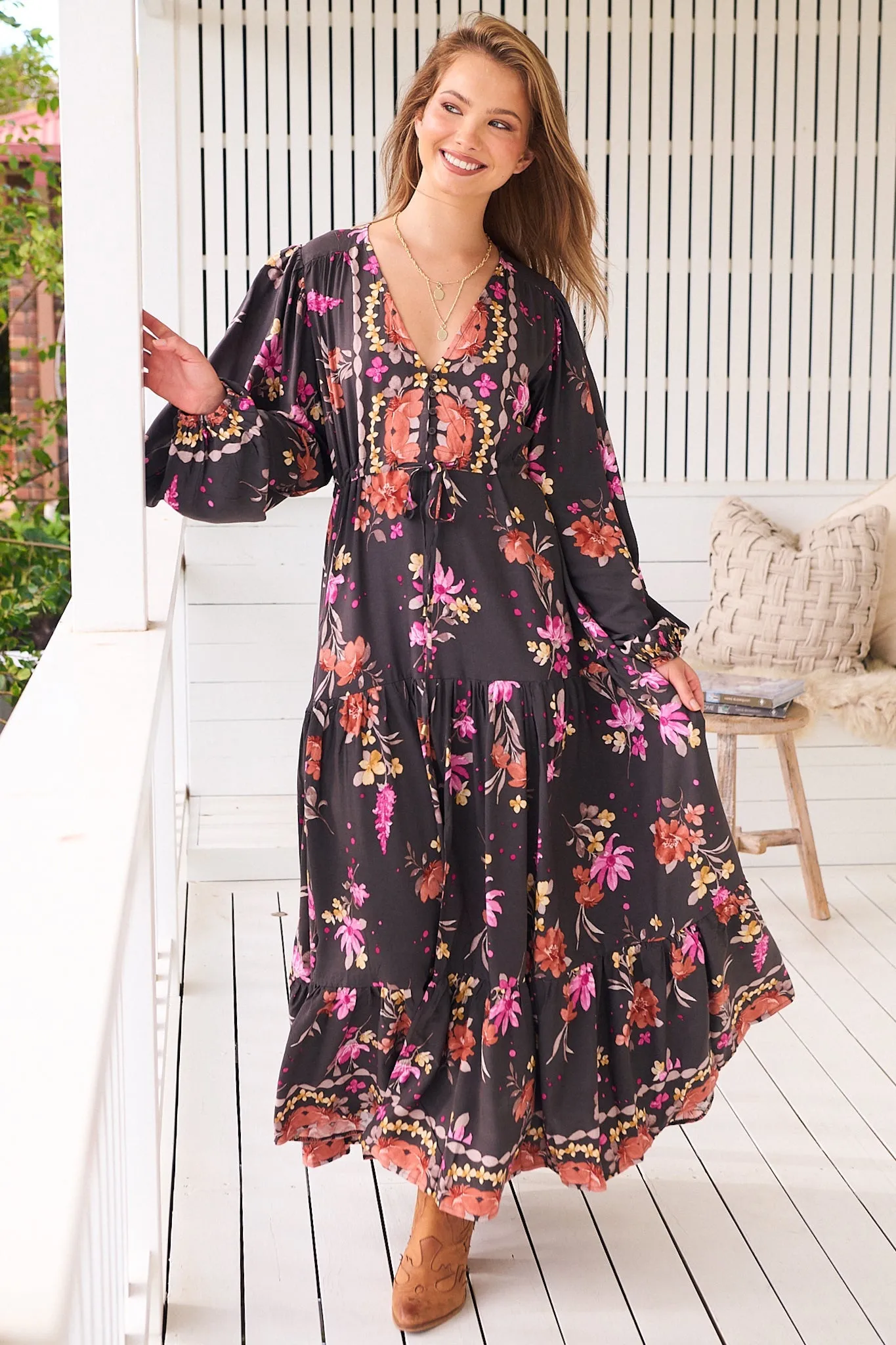 Teresa Maxi Dress - A Line Dress with Long Balloon Sleeves in Monarch Bloom Print sold by Salty Crush