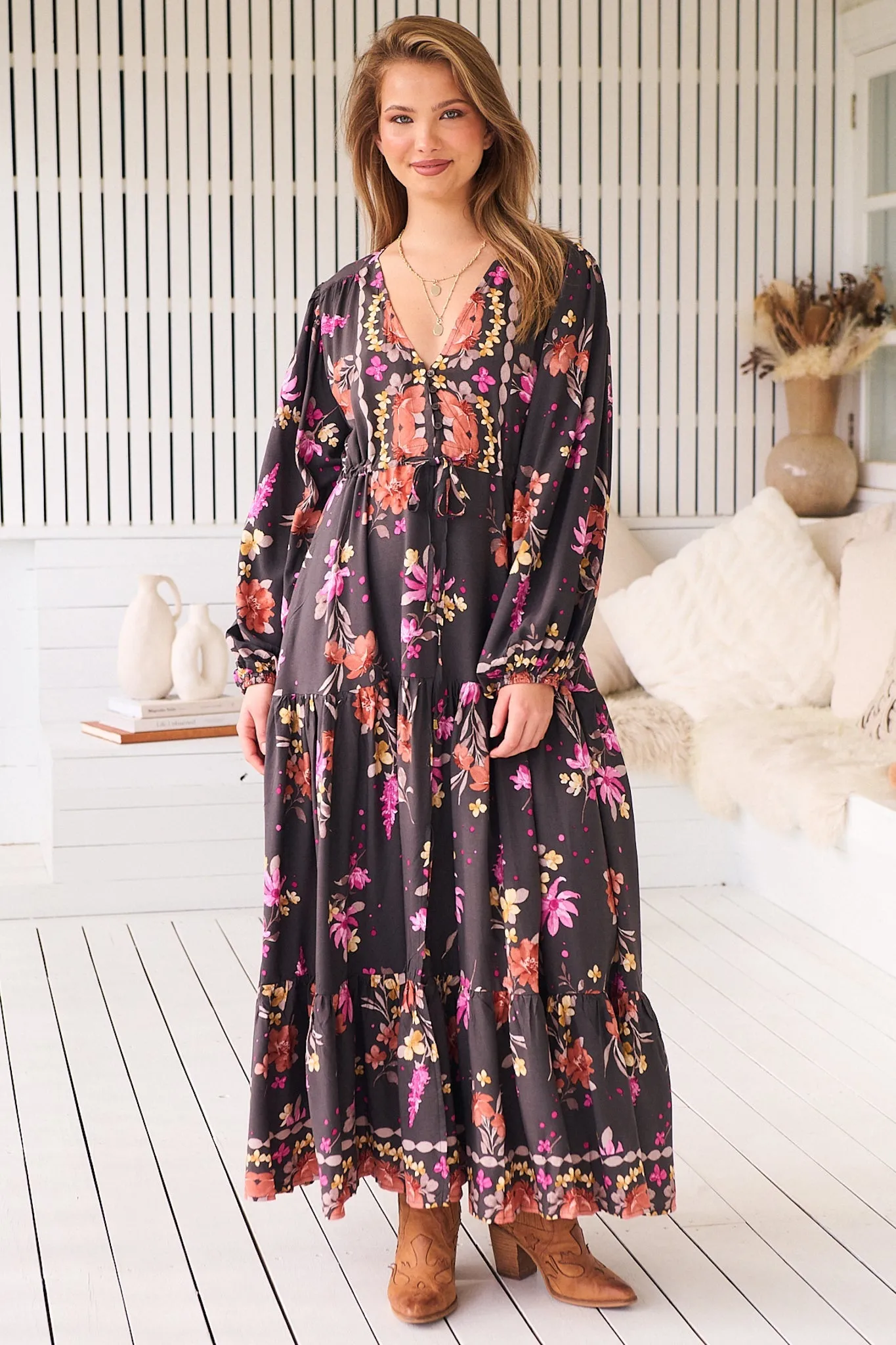 Teresa Maxi Dress - A Line Dress with Long Balloon Sleeves in Monarch Bloom Print sold by Salty Crush product image thumbnail 2