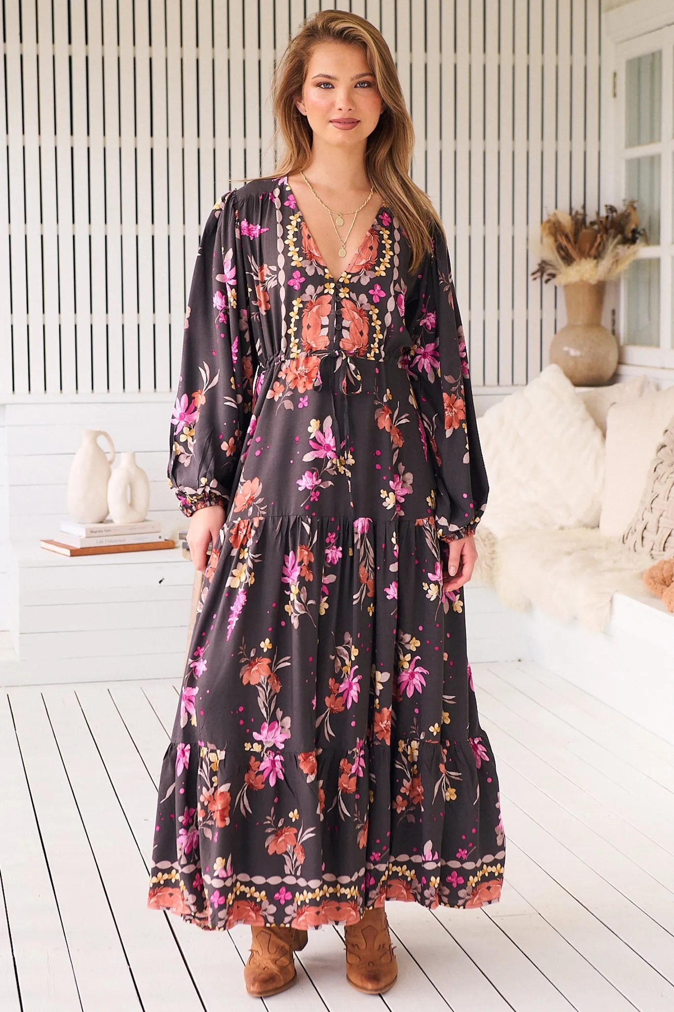 Teresa Maxi Dress - A Line Dress with Long Balloon Sleeves in Monarch Bloom Print sold by Salty Crush product image thumbnail 4