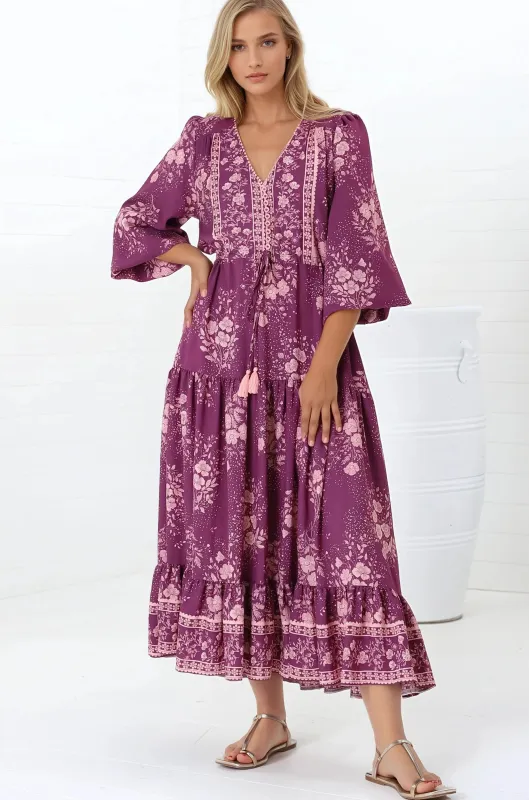 Veronica Maxi Dress - Crochet Trim V-Neck Pull Tie Waist Maxi Dress in Briella Print Berry sold by Salty Crush