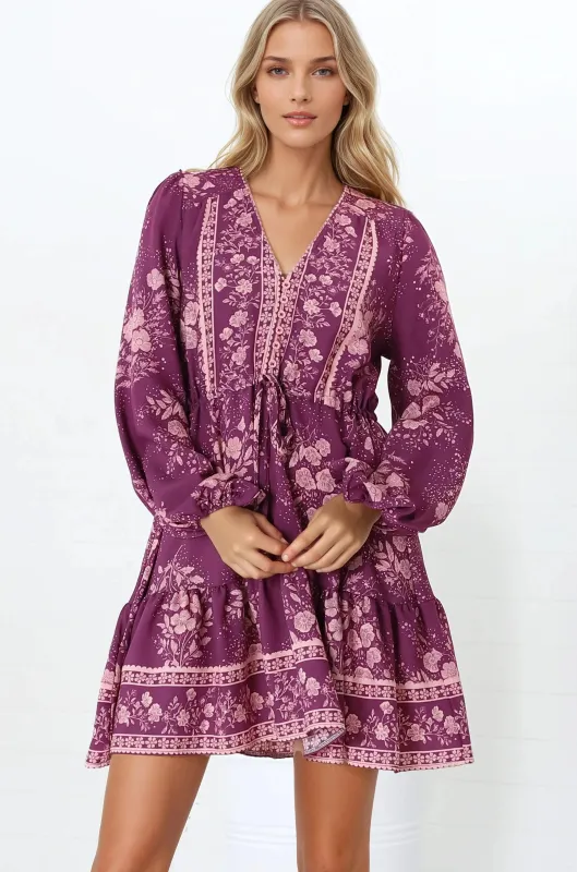 Veronica Mini Dress - Crochet Trim V-Neck Pull Tie Waist Mini Dress in Briella Print Berry sold by Salty Crush