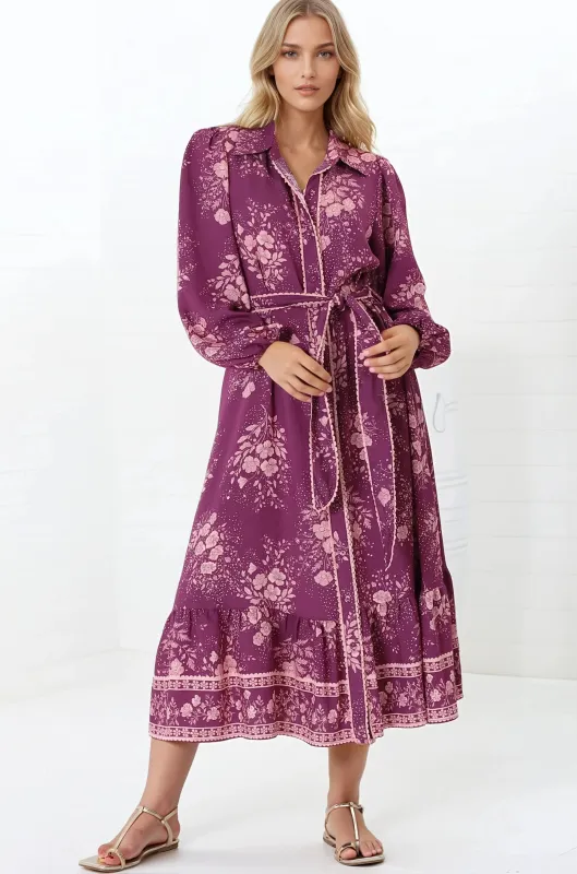 Anita Midi Dress - Button-Down Shirt Dress in Briella Print Berry sold by Salty Crush