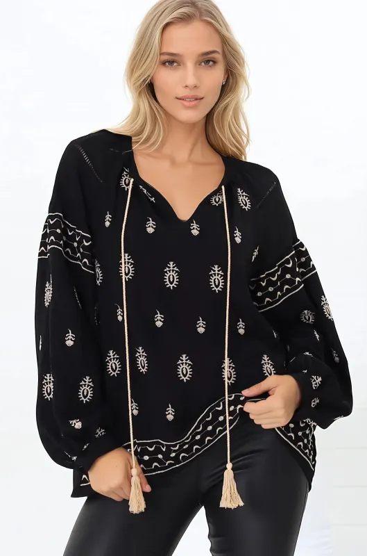 Wrenlow Blouse - Embroidery Mandarin Collar with Neck Tie Pull Over Blouse in Black sold by Salty Crush