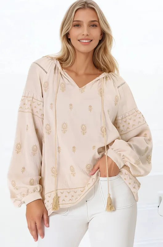 Wrenlow Blouse - Embroidery Mandarin Collar with Neck Tie Pull Over Blouse in Beige sold by Salty Crush