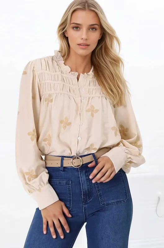 Gigi Blouse - Floral Embroidery Frill Collar Button Down Blouse in Beige sold by Salty Crush